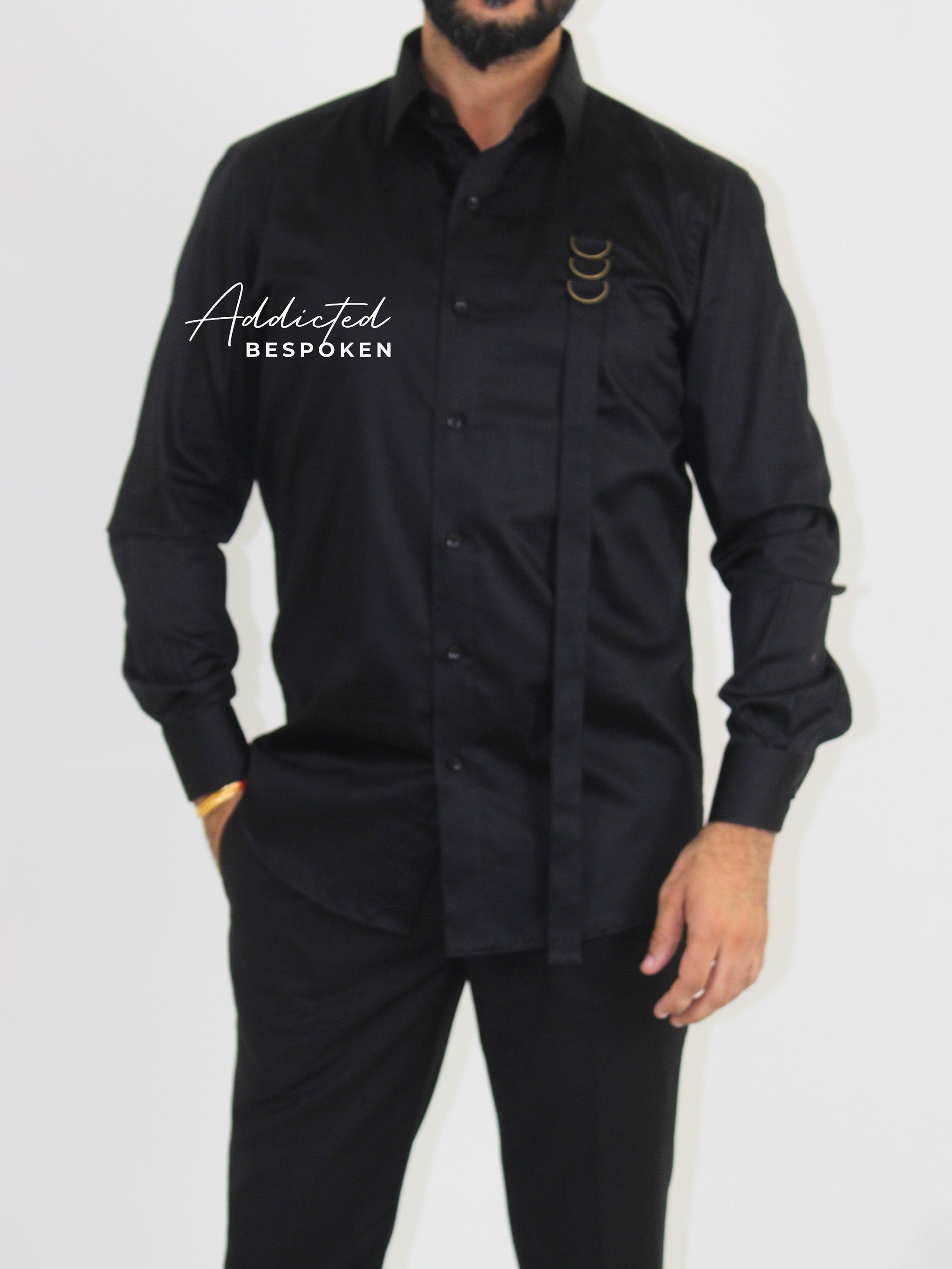 Full body view of male model wearing black embroidered western shirt – Addicted Bespoken