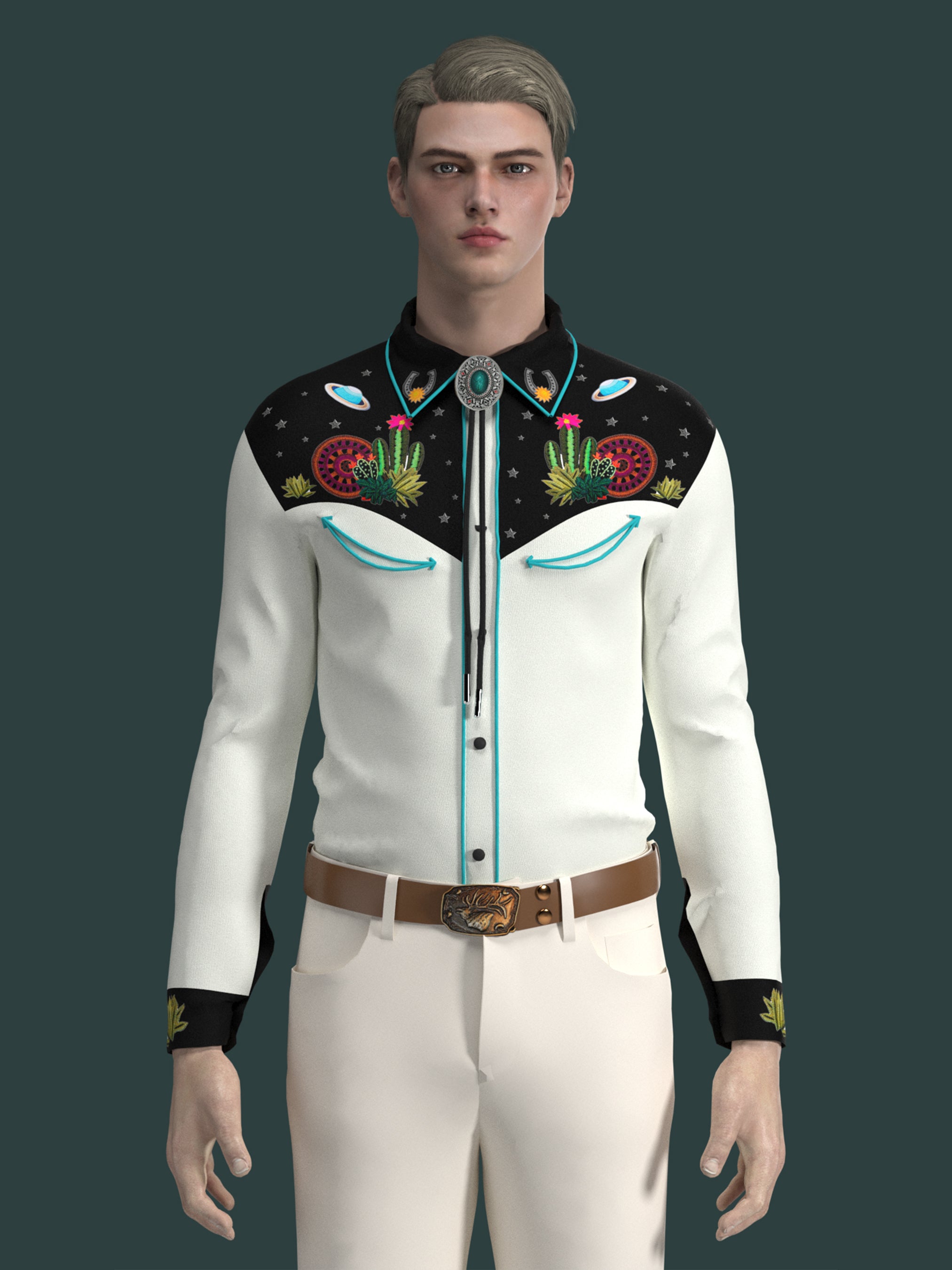 Male model wearing white western shirt with floral embroidered yoke – Addicted Bespoken
