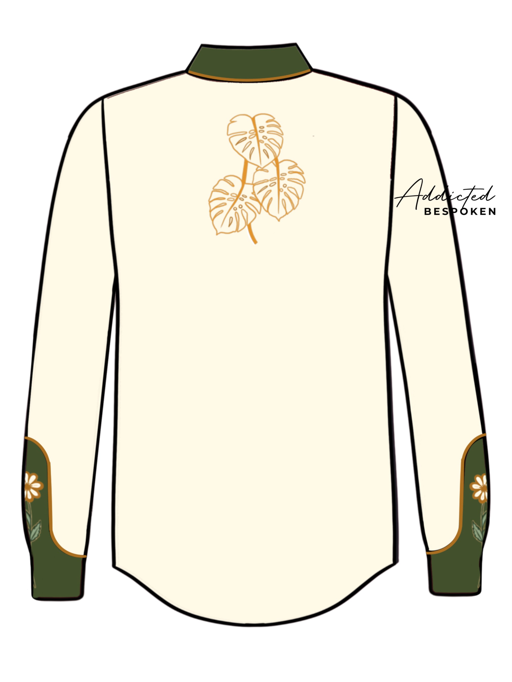 Back view illustration of cream western shirt with large golden embroidery on yoke – Addicted Bespoken