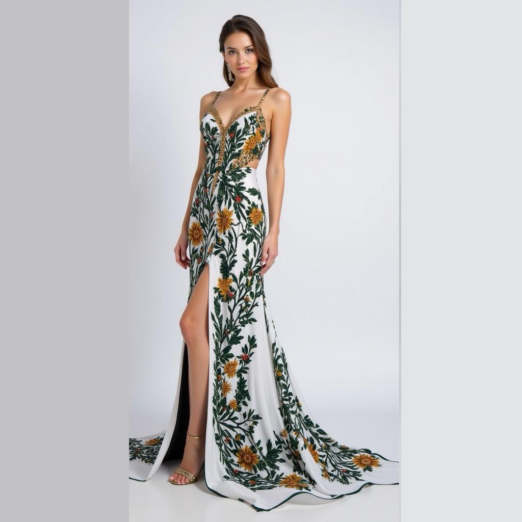 Plunging Back and High Slit Embroidered Botanical Elegance Gown