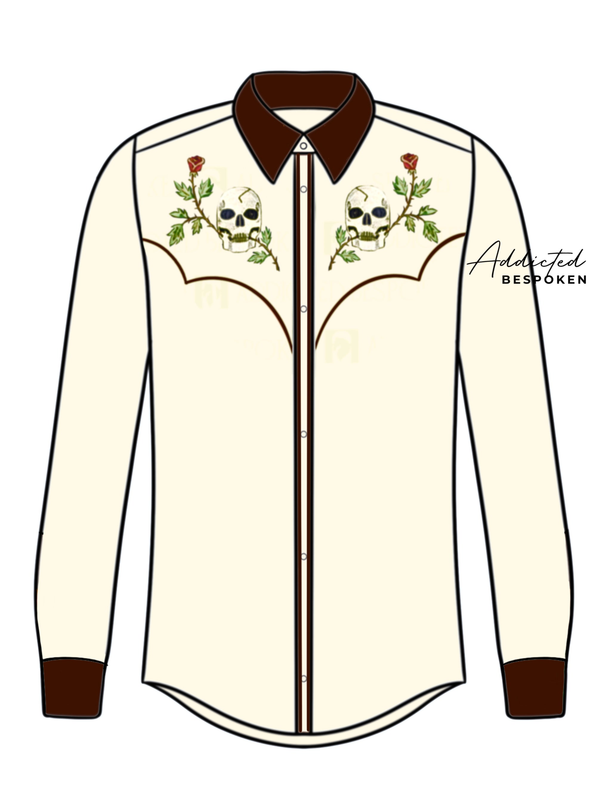 Front view illustration of cream western shirt with brown collar and embroidered floral motifs – Addicted Bespoken