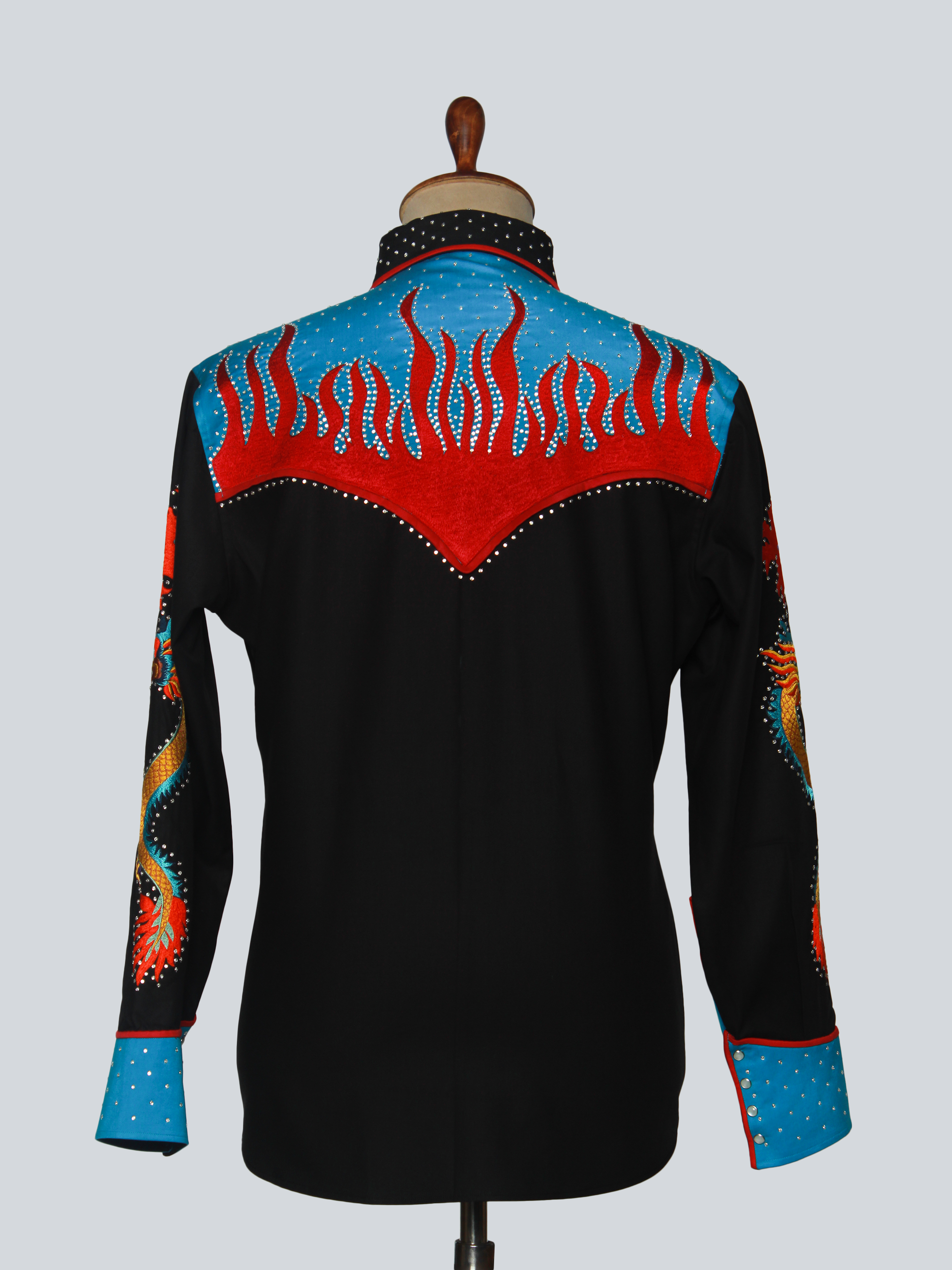 Back view of black shirt with red and blue embroidered yoke design – Addicted Bespoken
