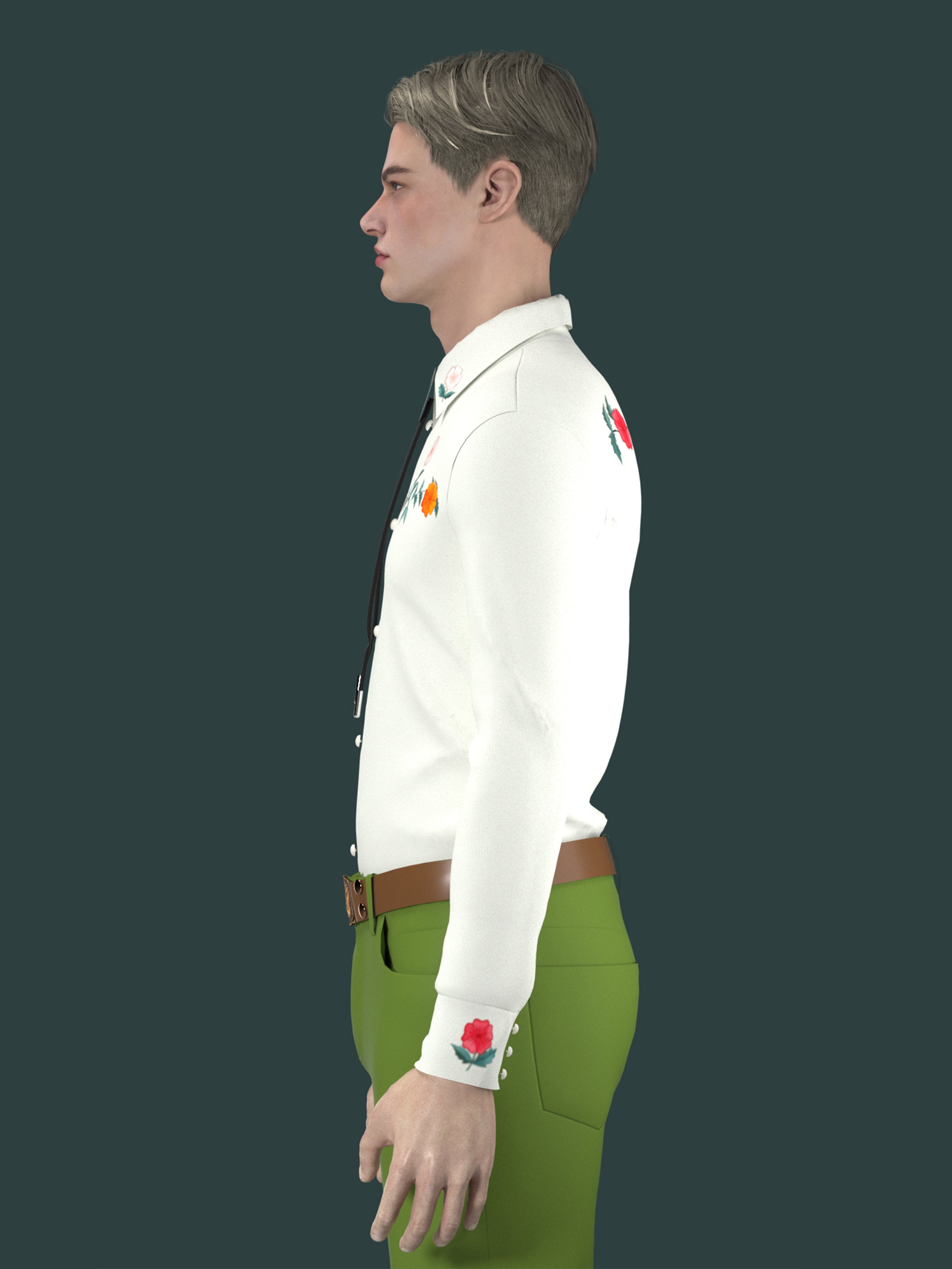 Side angled view of male model wearing white western shirt with floral embroidery – Addicted Bespoken
