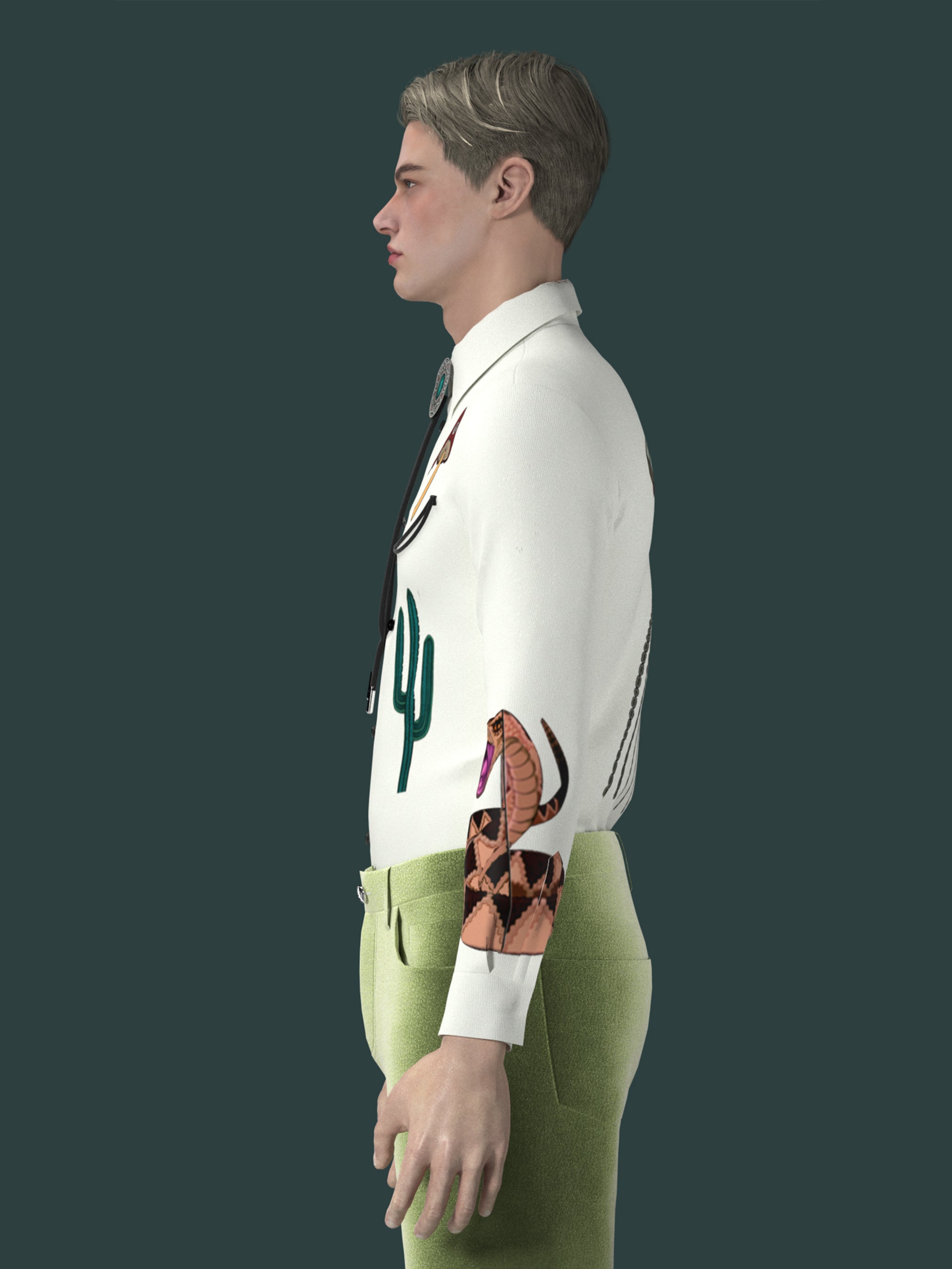 Side angled view of male model wearing white western shirt with cactus embroidery on sleeves β Addicted Bespoken