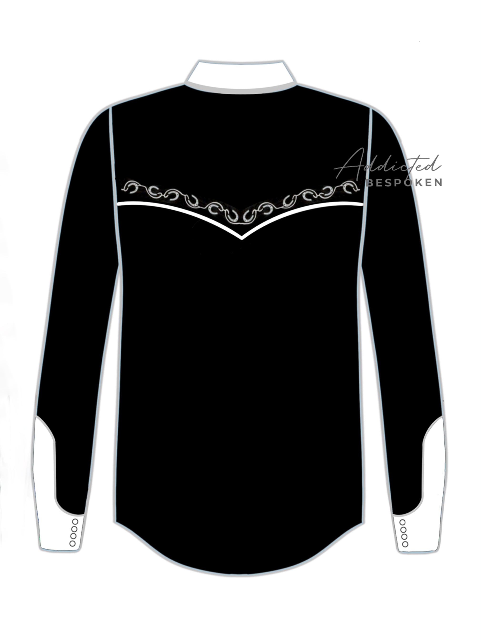 Back view illustration of black western shirt with embroidered white yoke design – Addicted Bespoken