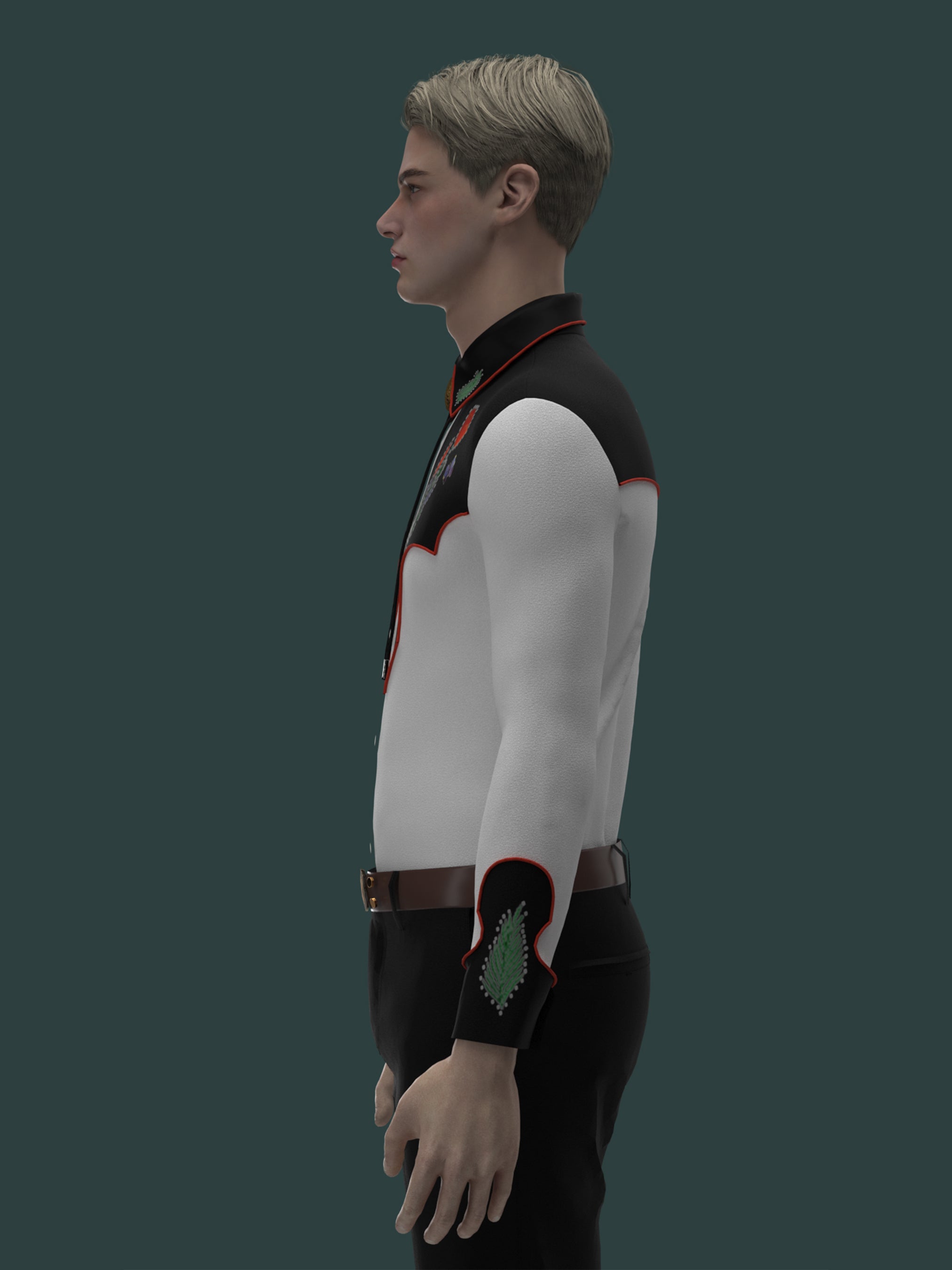 Side angled view of male model wearing black and white embroidered western shirt β Addicted Bespoken