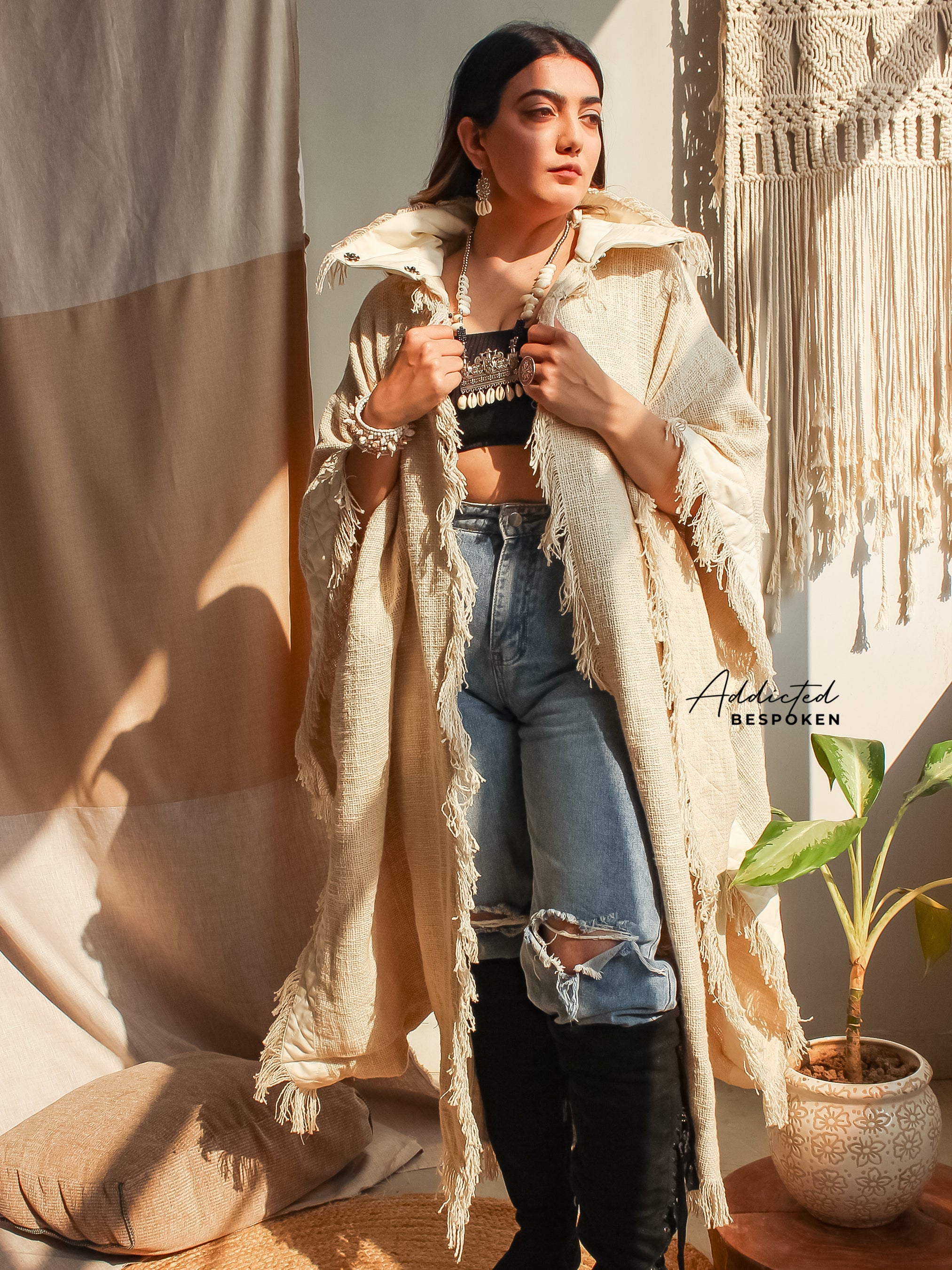 Woman wearing Boho Bliss Kimono Coat with fringe edges – bohemian style clothing