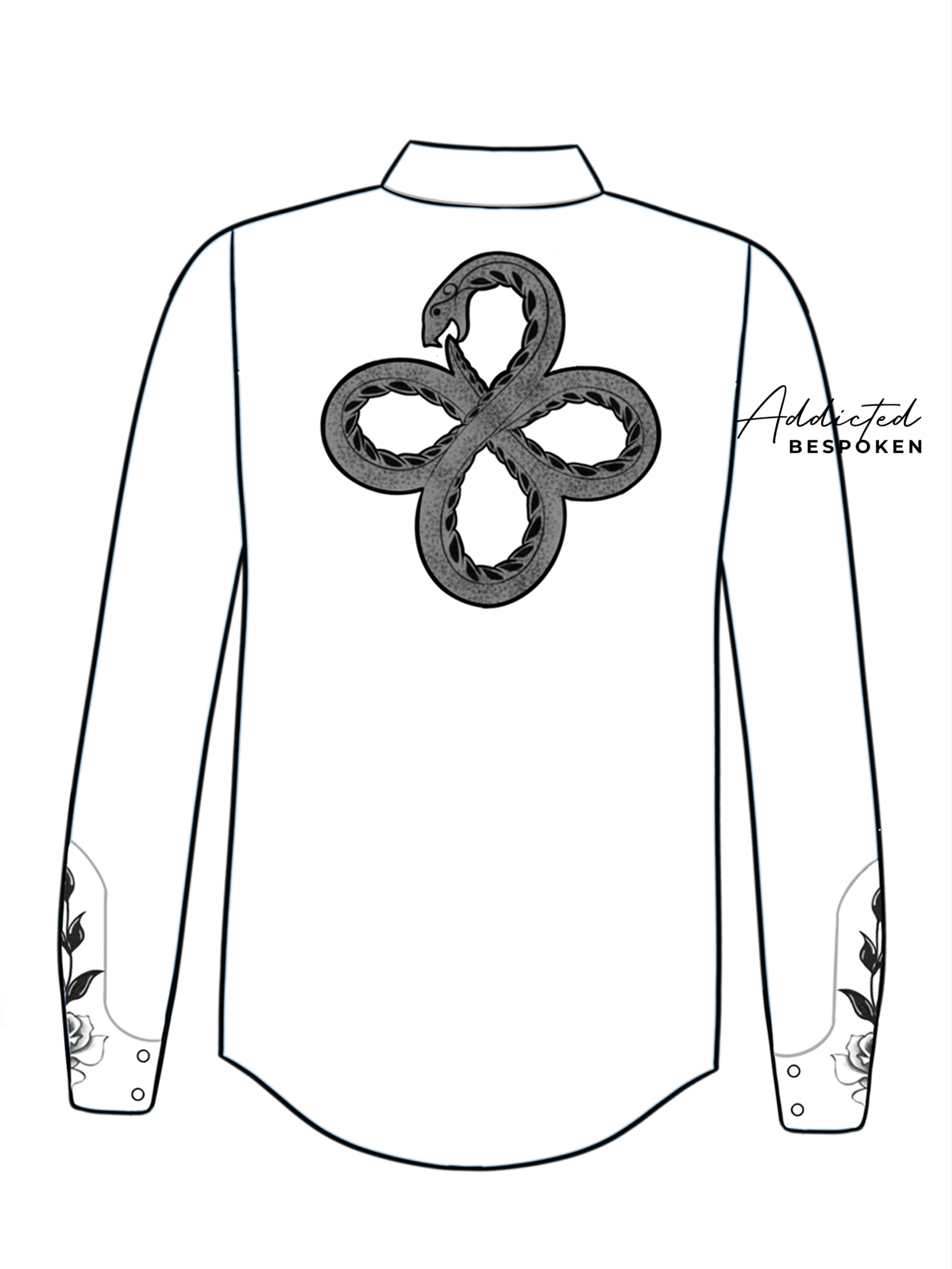 Back view illustration of white western shirt with bold circular embroidery motif – Addicted Bespoken
