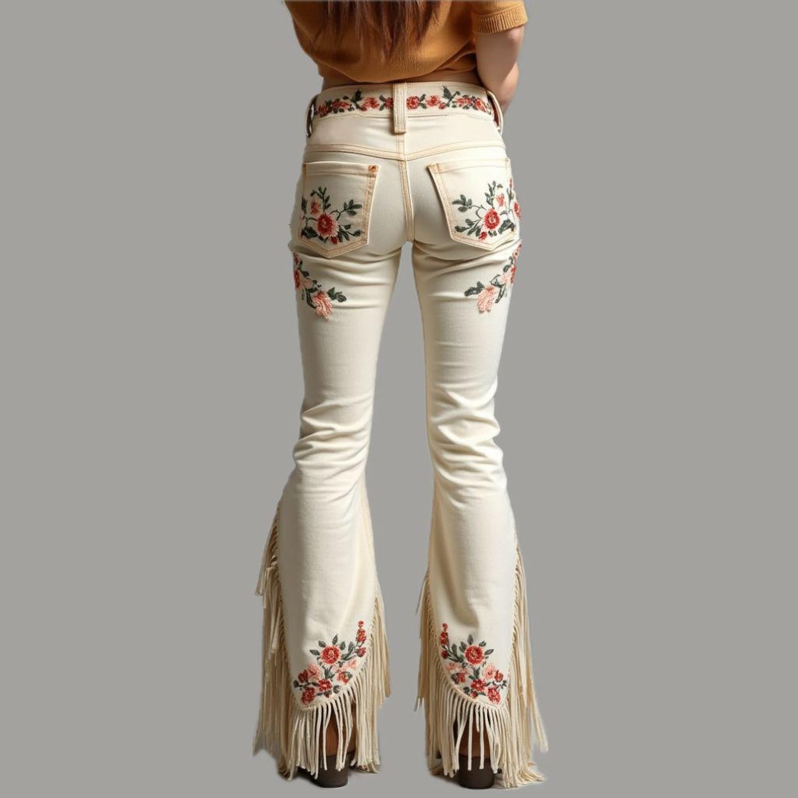 Floral Embroidered Fringed Western Dress Pants
