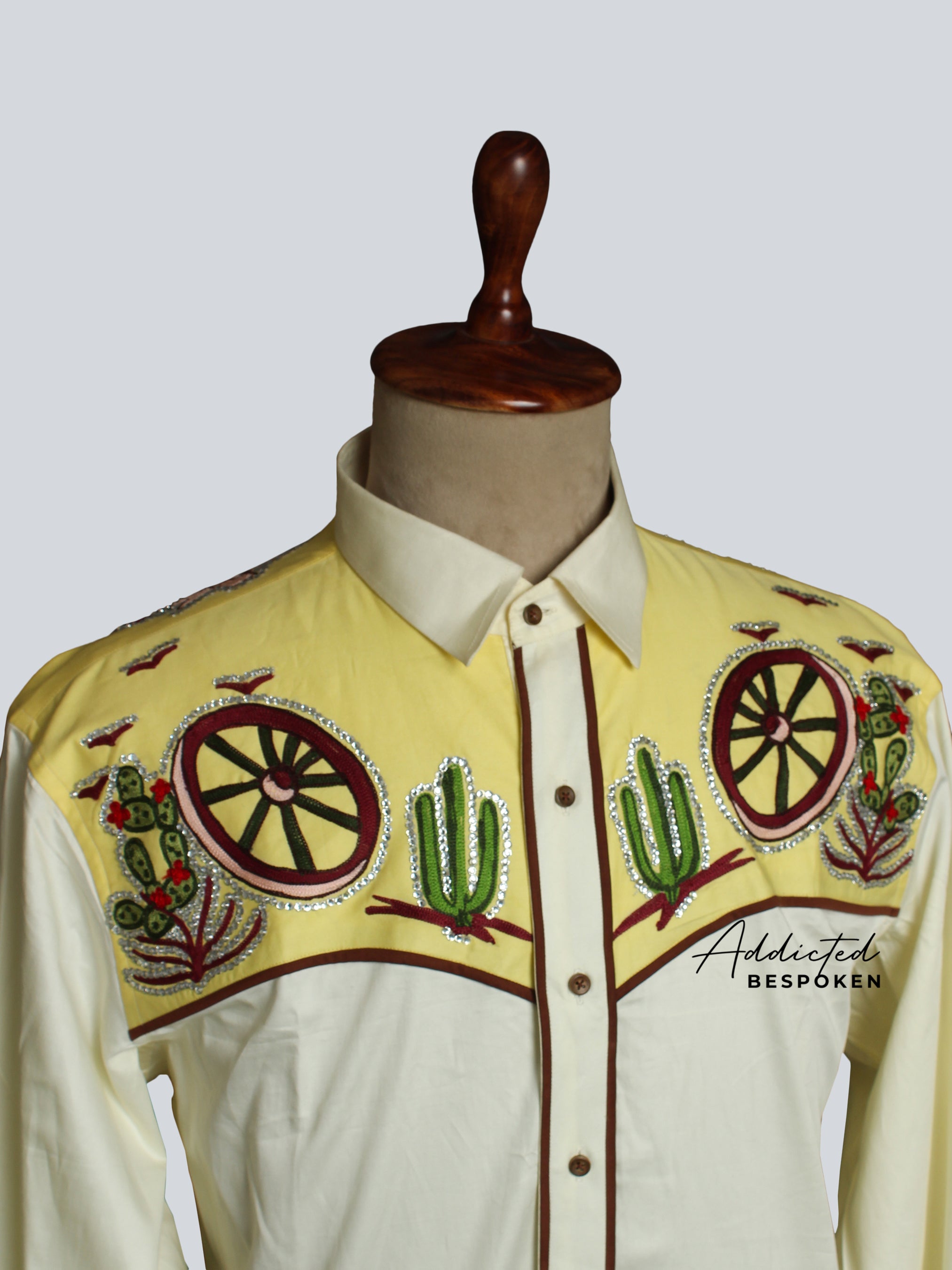 Close-up chest embroidery of cream western shirt with floral and geometric motifs – Addicted Bespoken