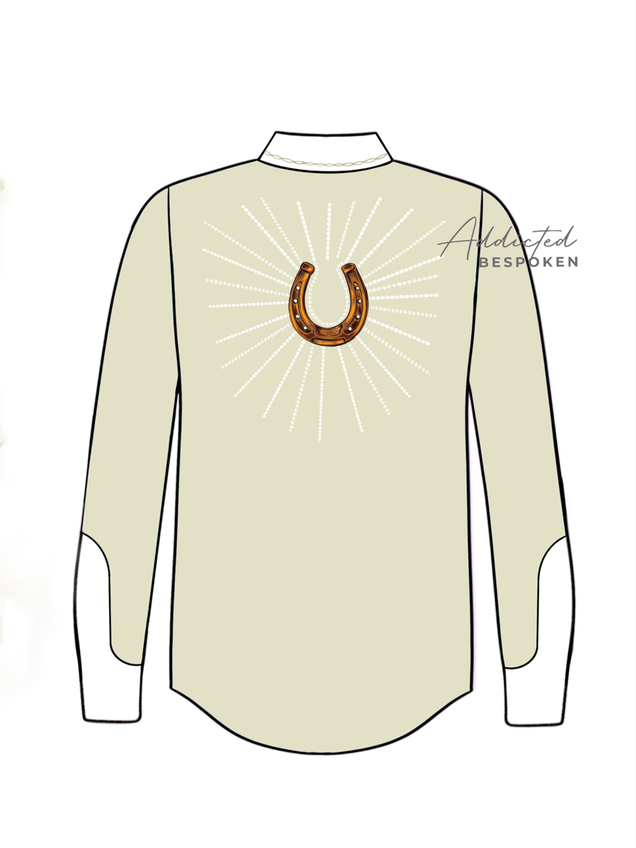 Back view illustration of cream western shirt with large embroidered horseshoe design β Addicted Bespoken