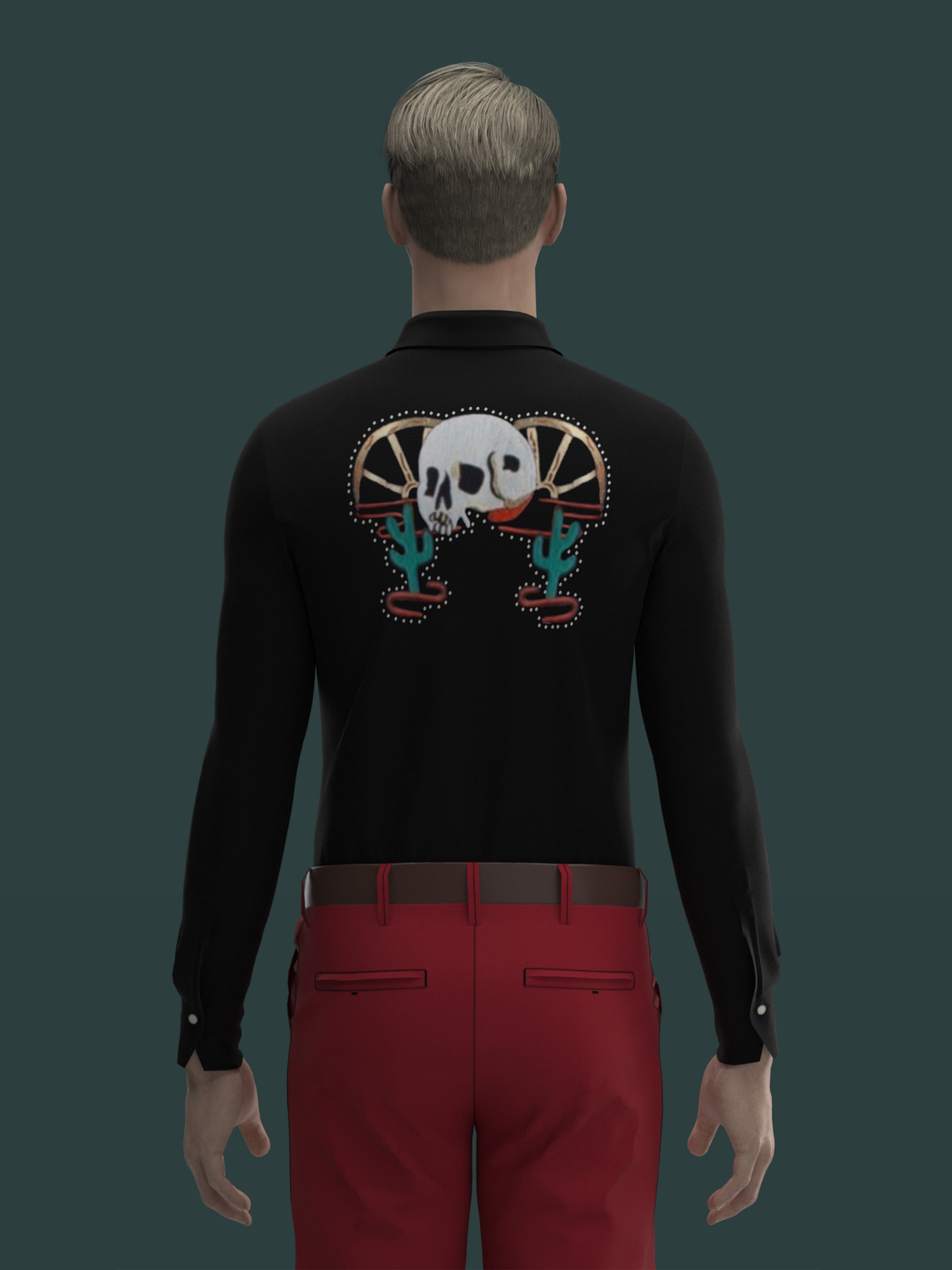 Back view of male model in black embroidered western shirt with shoulder motifs – Addicted Bespoken