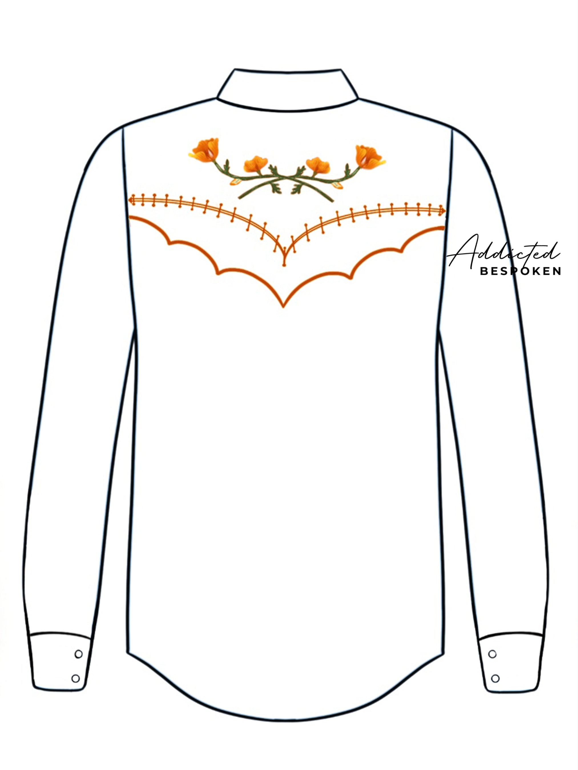 Back view illustration of white western shirt with orange floral embroidery on yoke – Addicted Bespoken