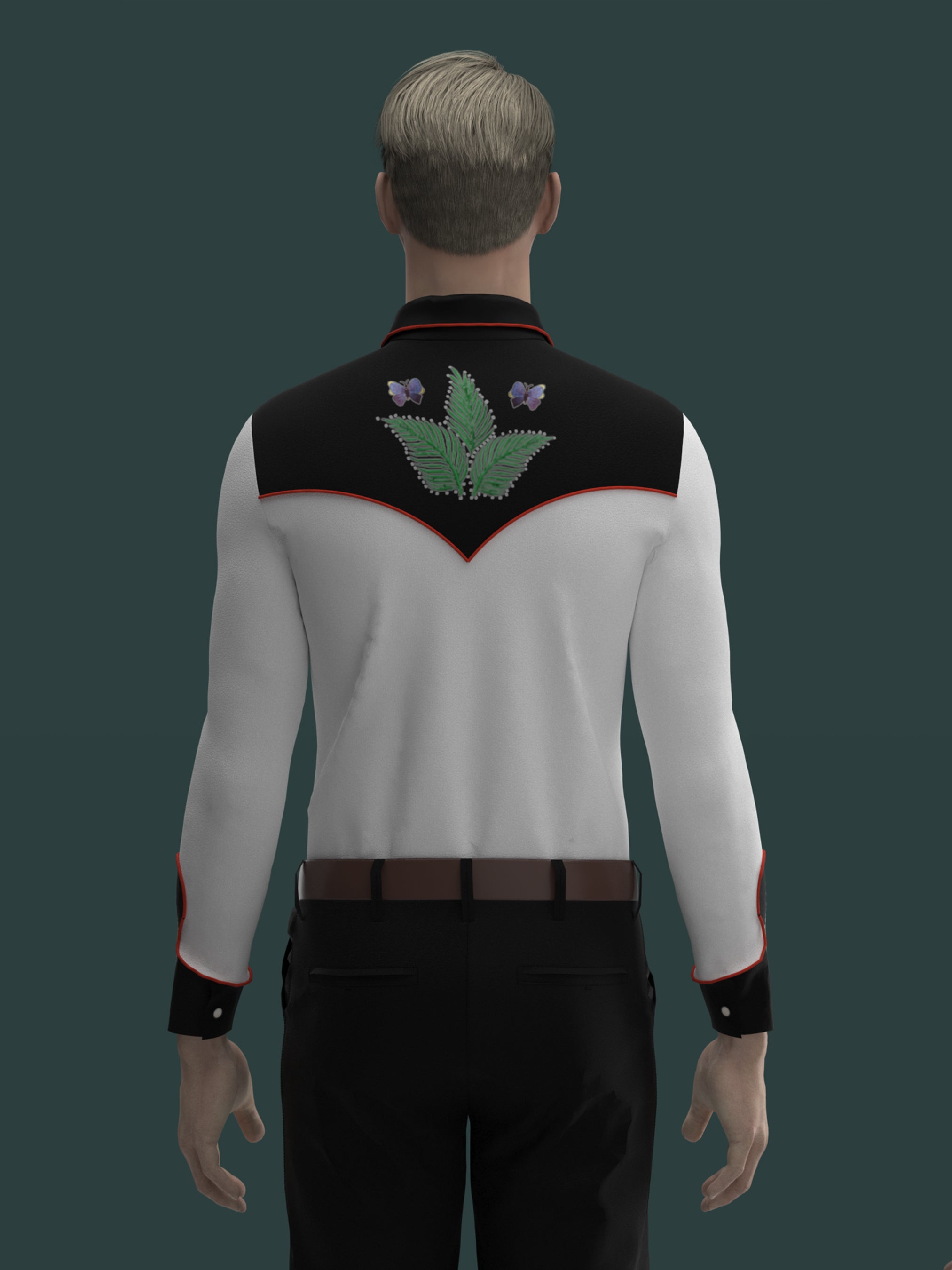 Back view of male model in black and white embroidered western shirt with floral details on yoke – Addicted Bespoken