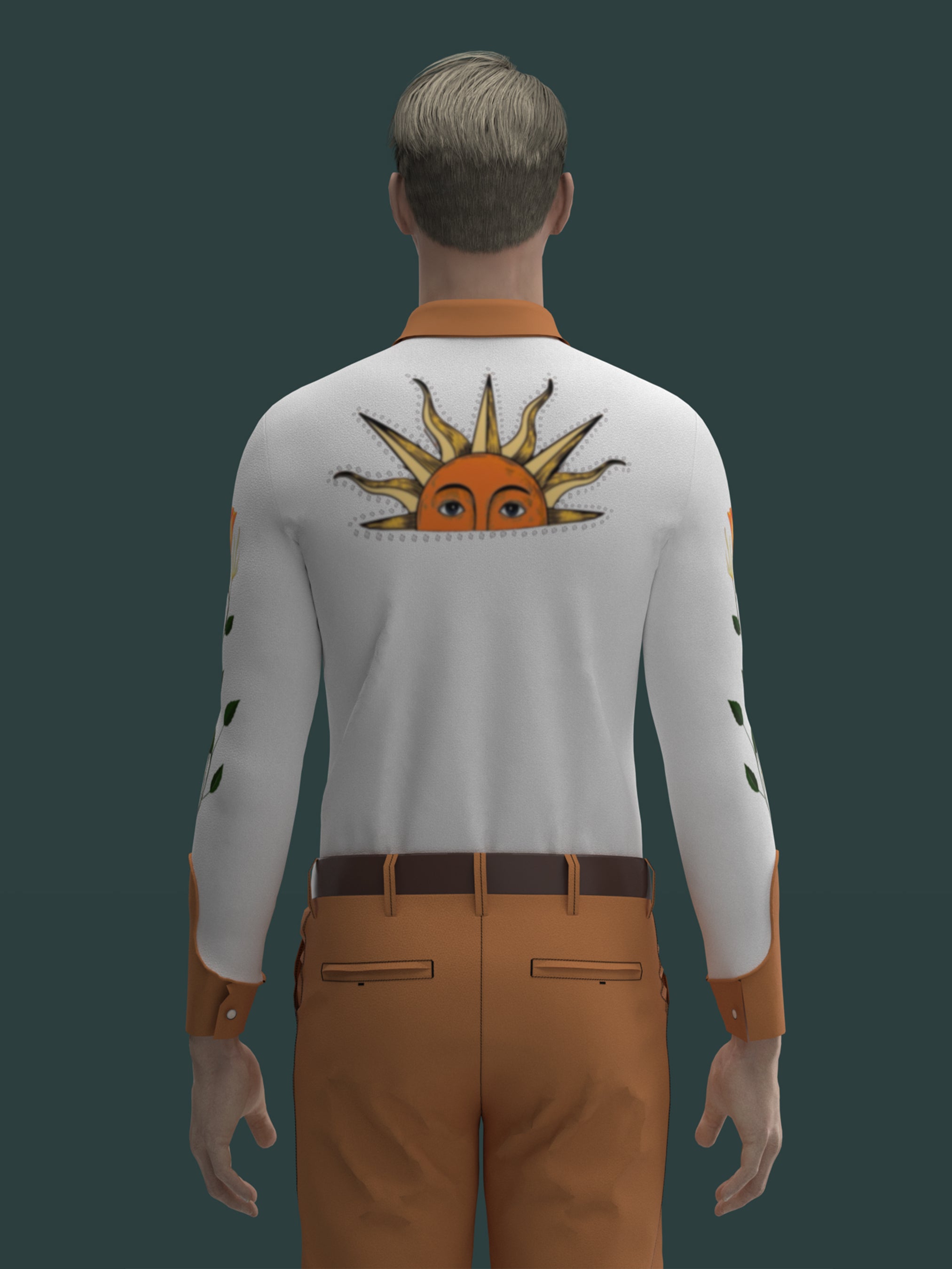 Back view of male model in white western shirt with large orange sunburst embroidery – Addicted Bespoken