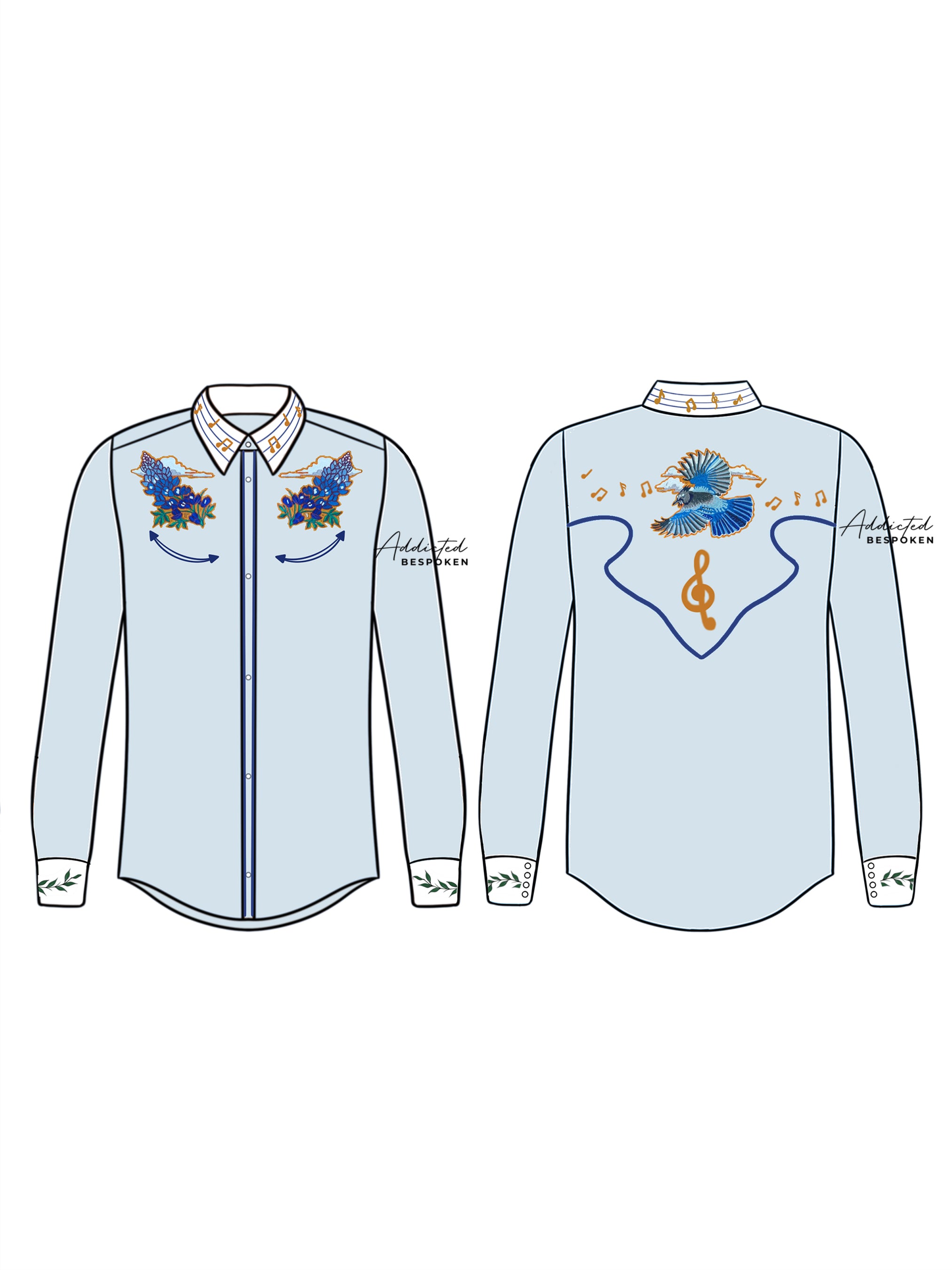 Front and back flat sketch of light blue western shirt with floral embroidery and guitar motif – Addicted Bespoken
