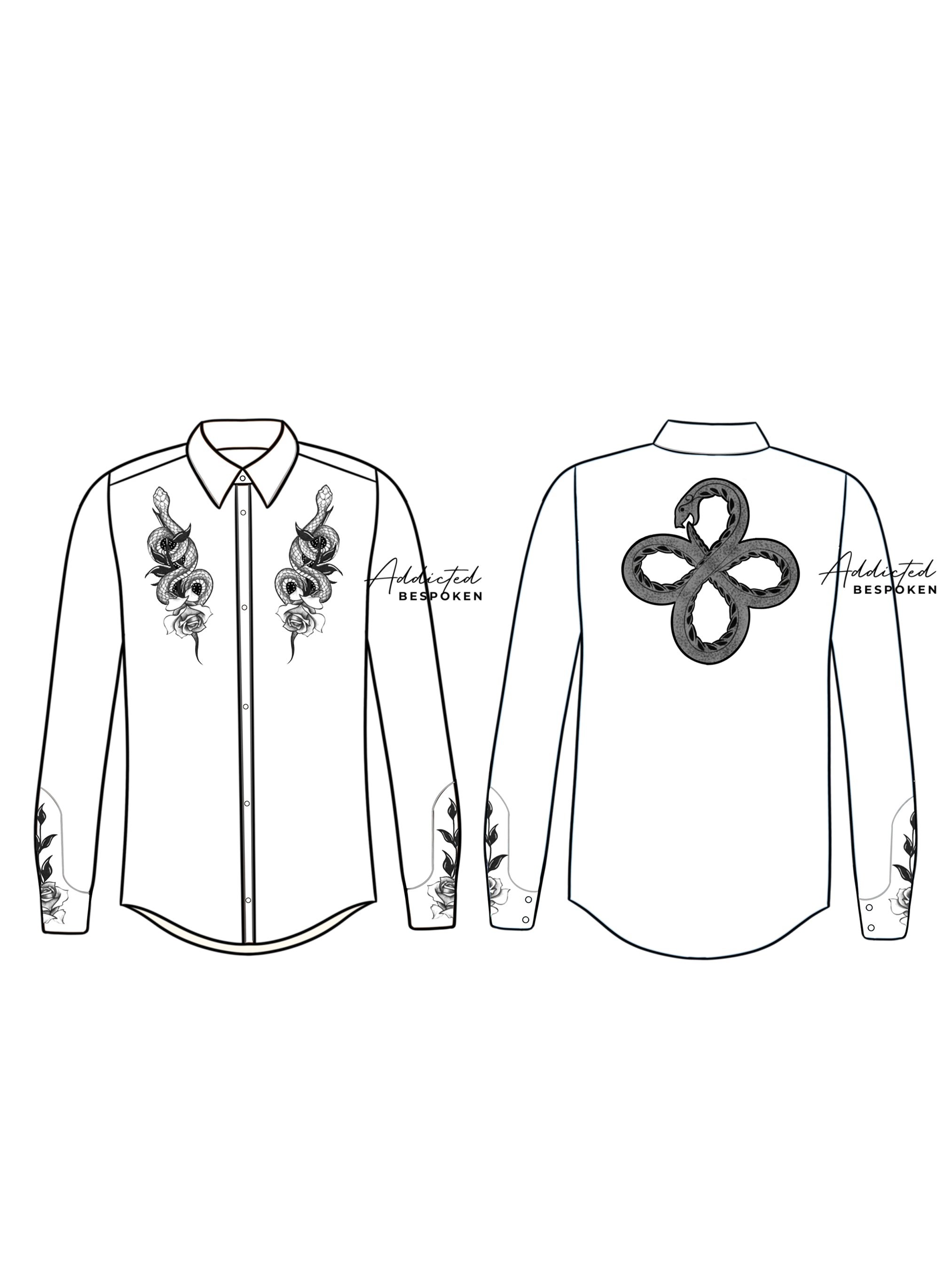 Front and back flat sketch of white western shirt with black floral embroidery and circular motif on back – Addicted Bespoken