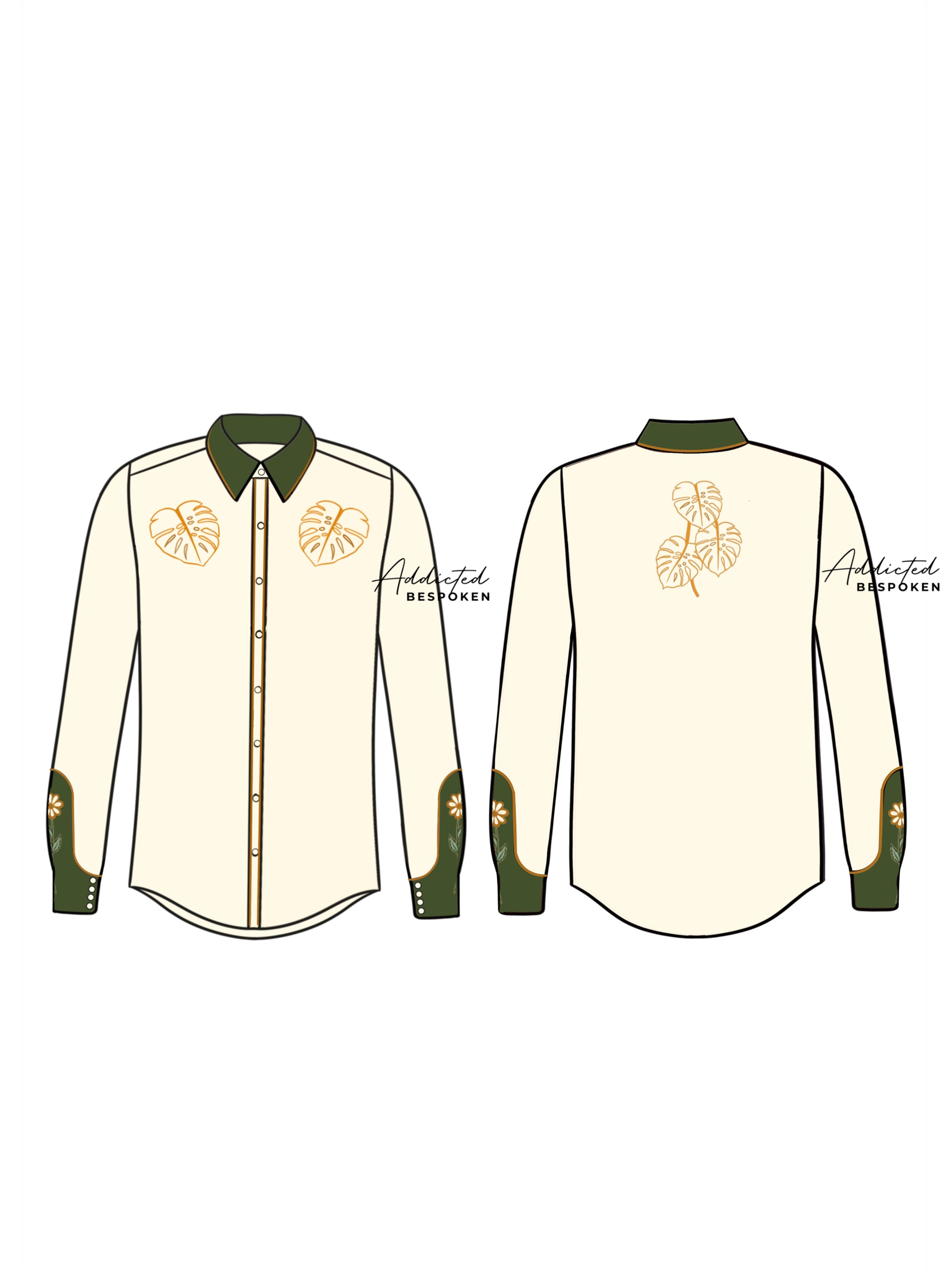 Front and back flat sketch of cream western shirt with green collar, cuffs, and golden embroidery – Addicted Bespoken
