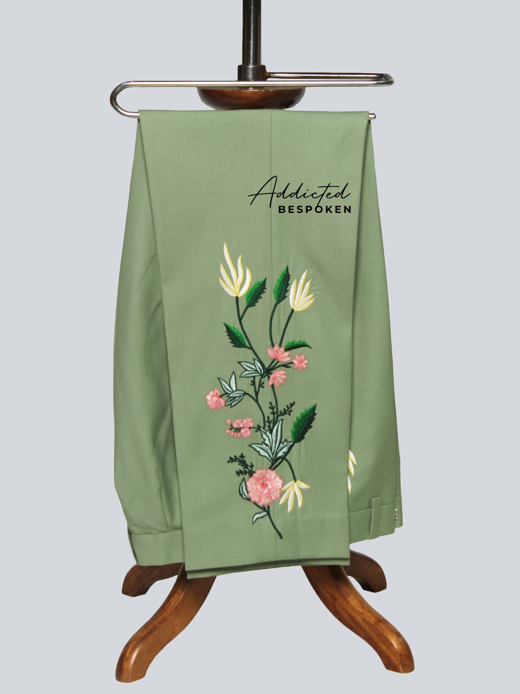 Sun Bloom Western Suit pant view – tailored green trousers with floral embroidery details