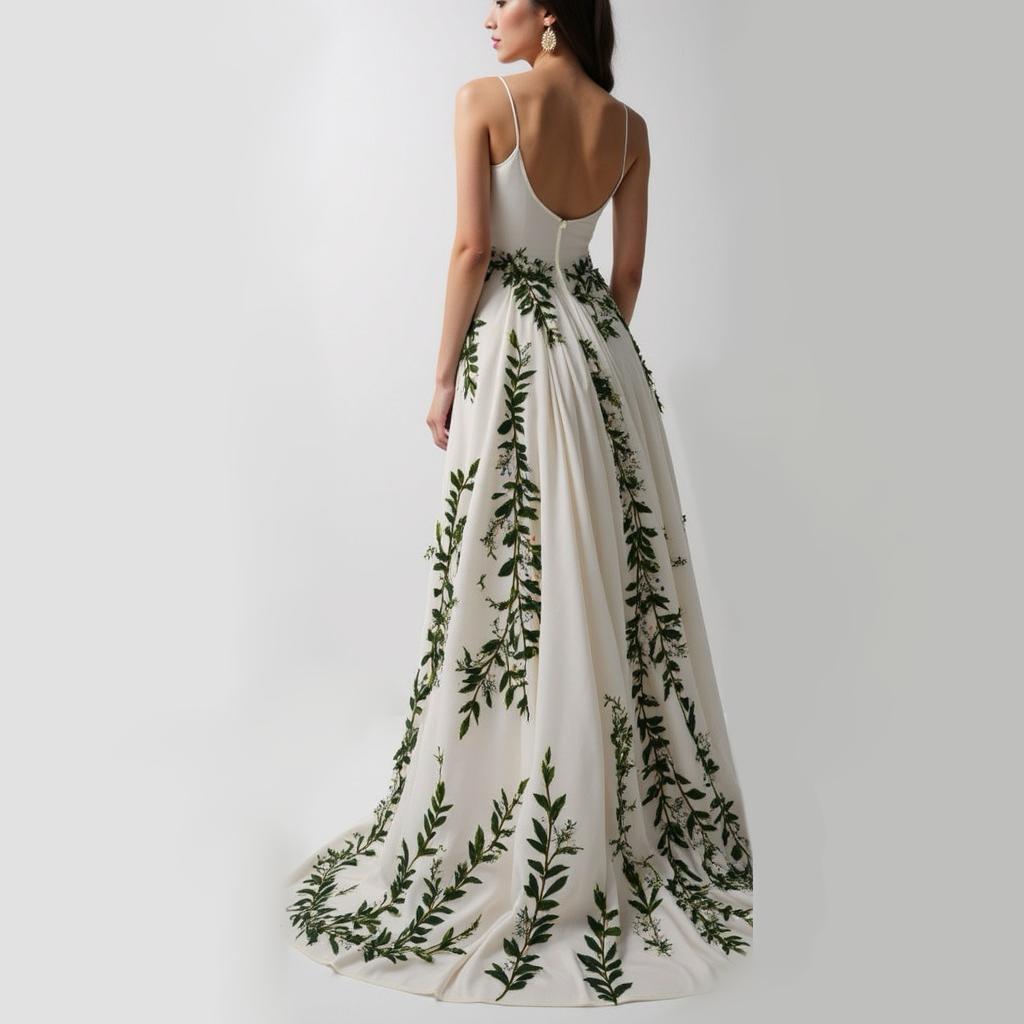 Botanical Embroidery and Side Slit Flowing Elegance Gown