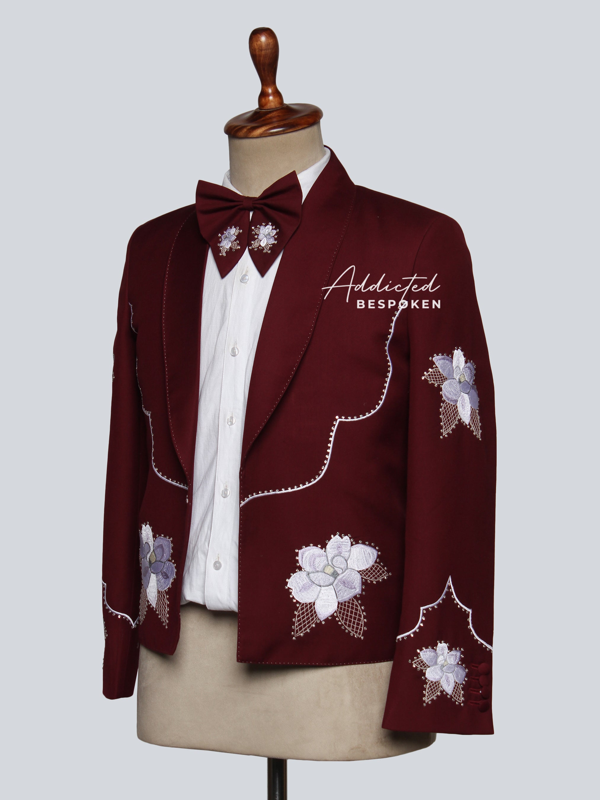Crimson Bloom Shawl Lapel Embroidered Suit