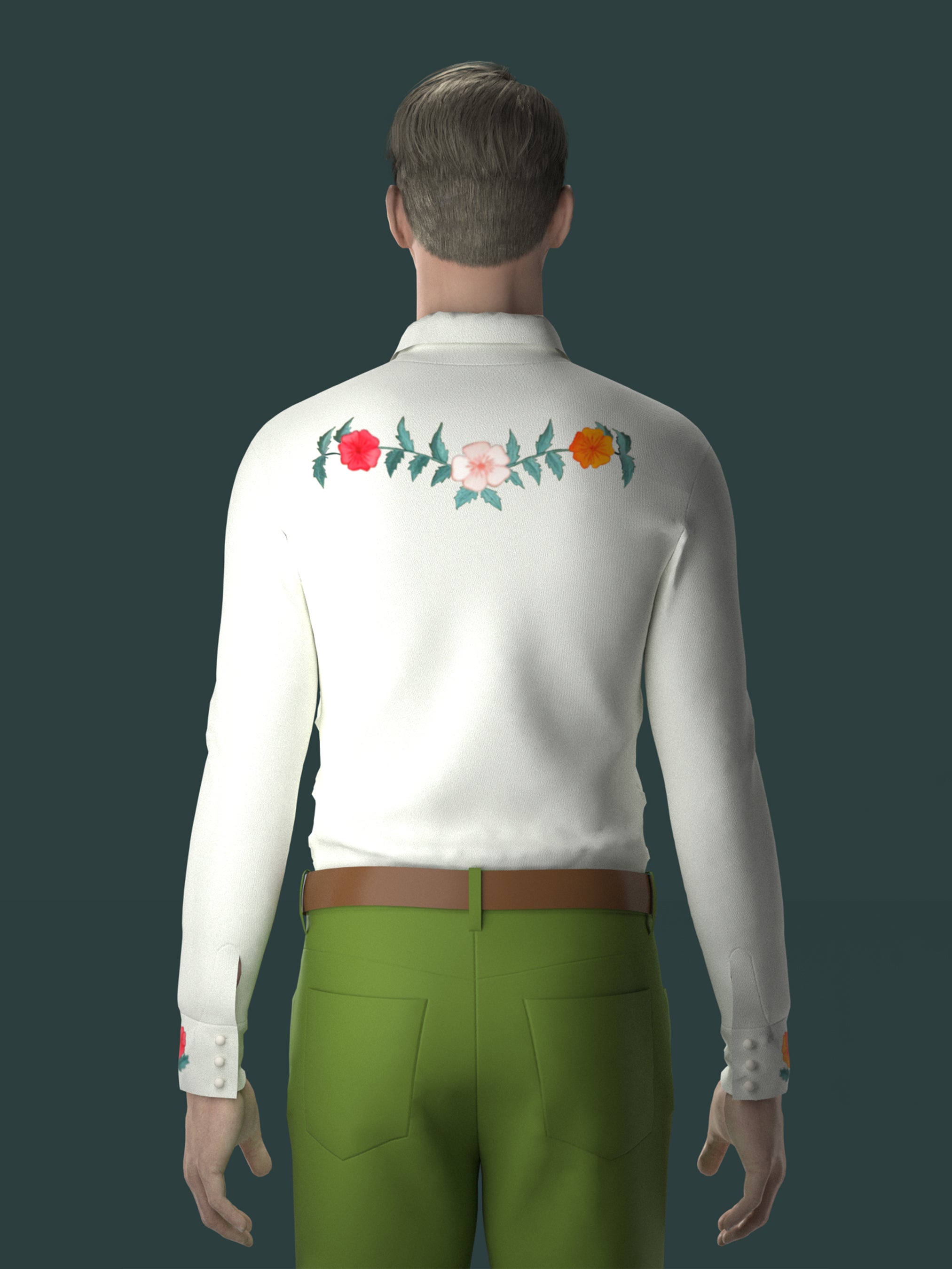 Back view of male model in white embroidered western shirt with floral design across shoulders โ Addicted Bespoken