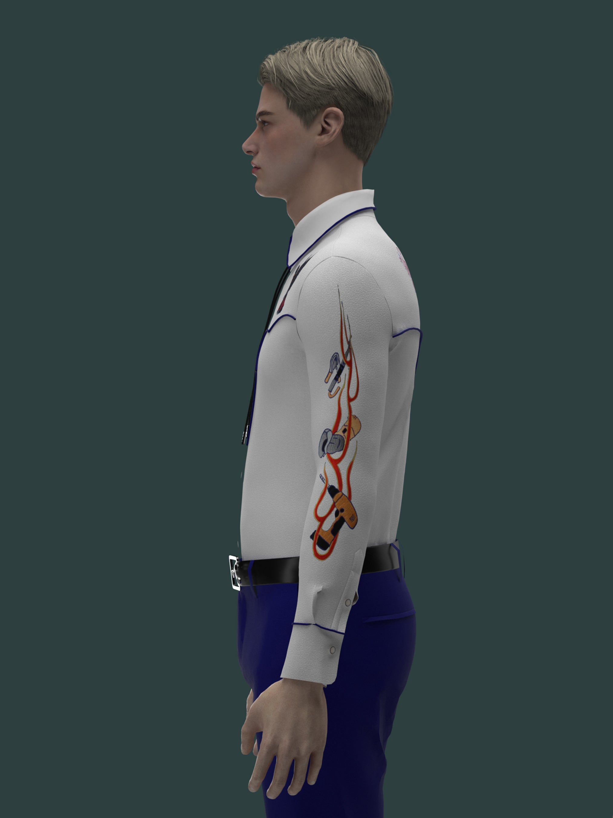 Side angled view of male model wearing white western shirt with embroidered bird motifs – Addicted Bespoken