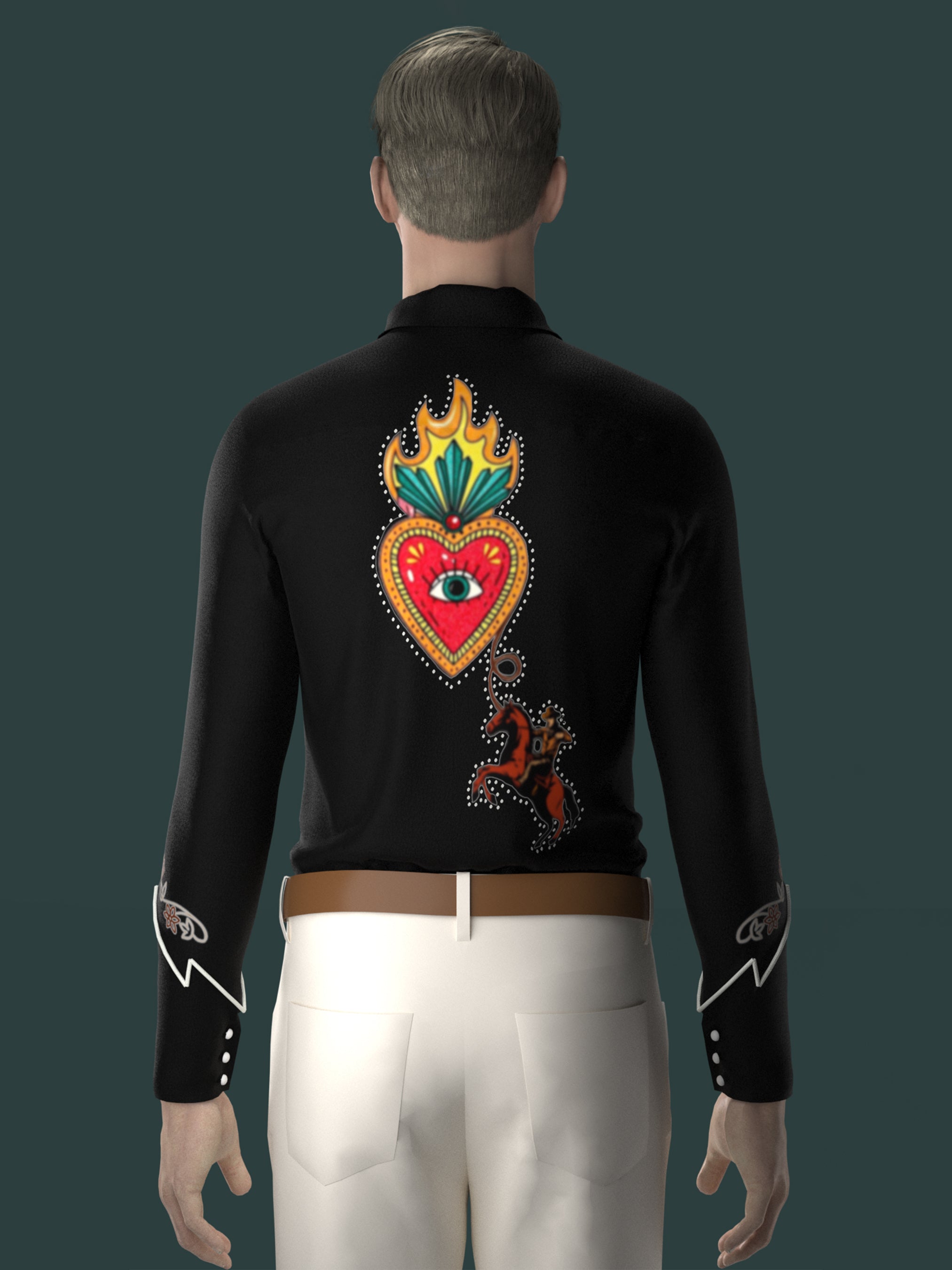 Back view of male model in black embroidered western shirt with sacred heart motif – Addicted Bespoken