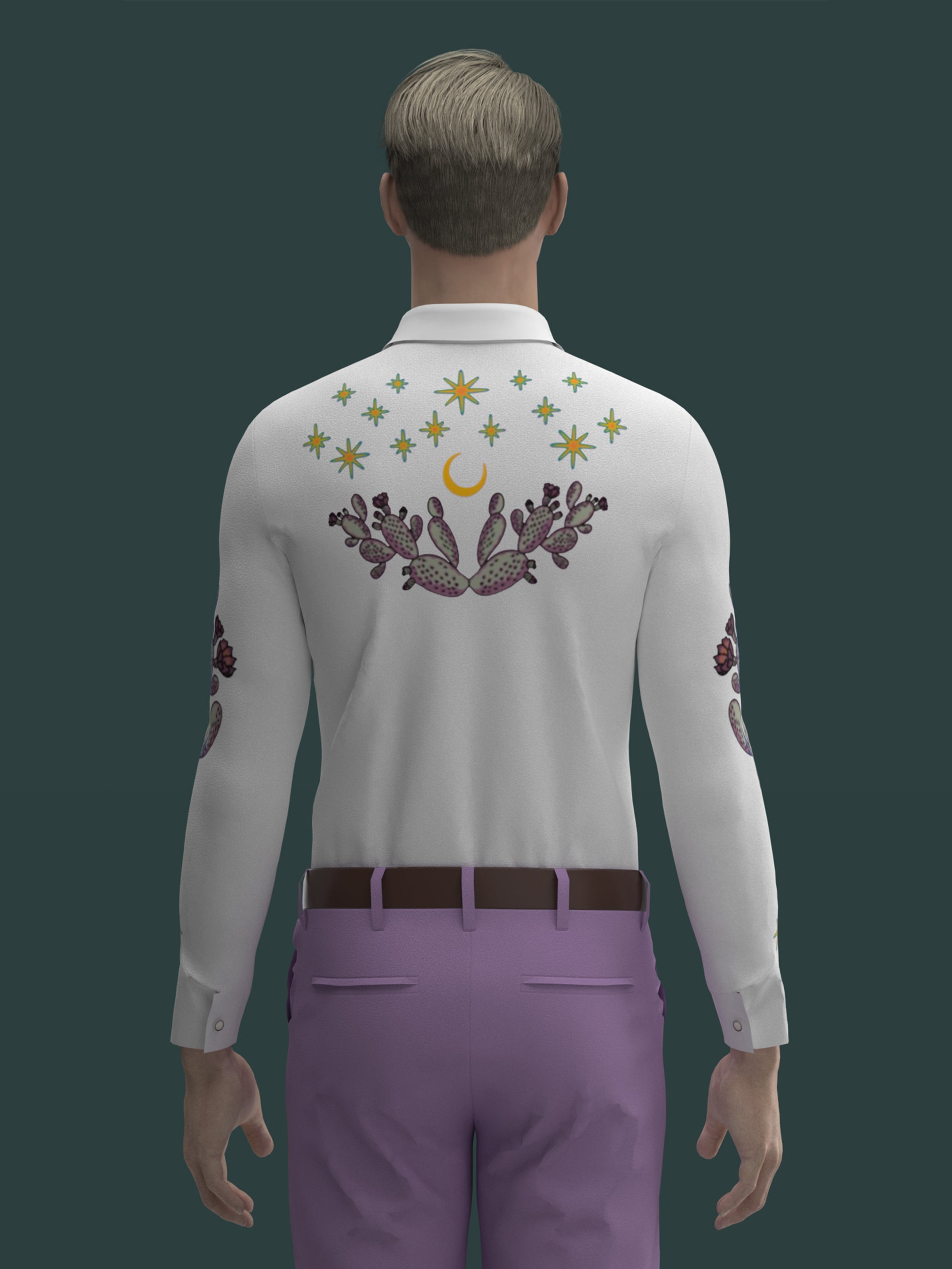 Back view of male model in white embroidered western shirt with floral motifs across shoulders – Addicted Bespoken