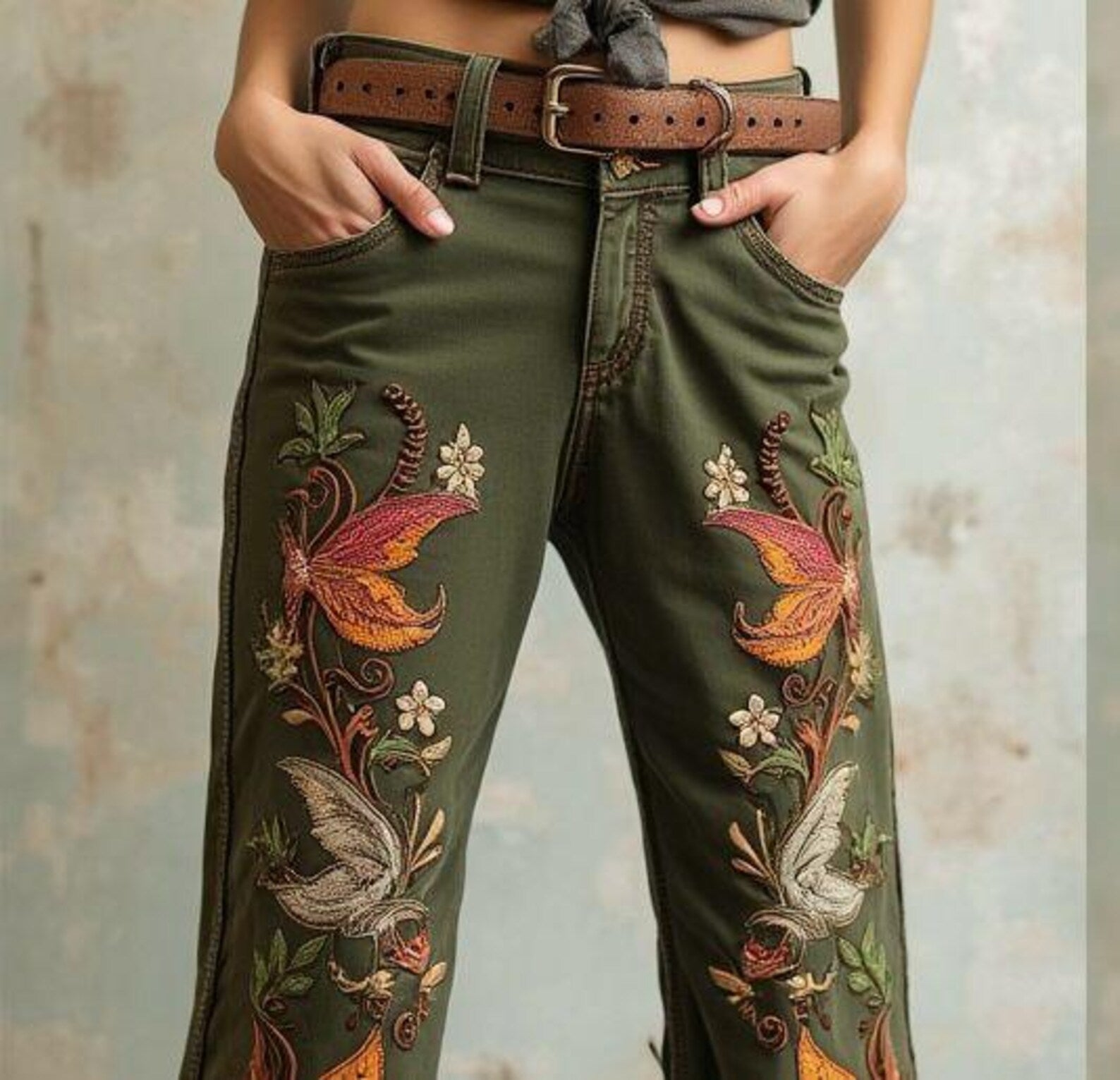 Bird Motif Embroidered Western Riding Dress Pants