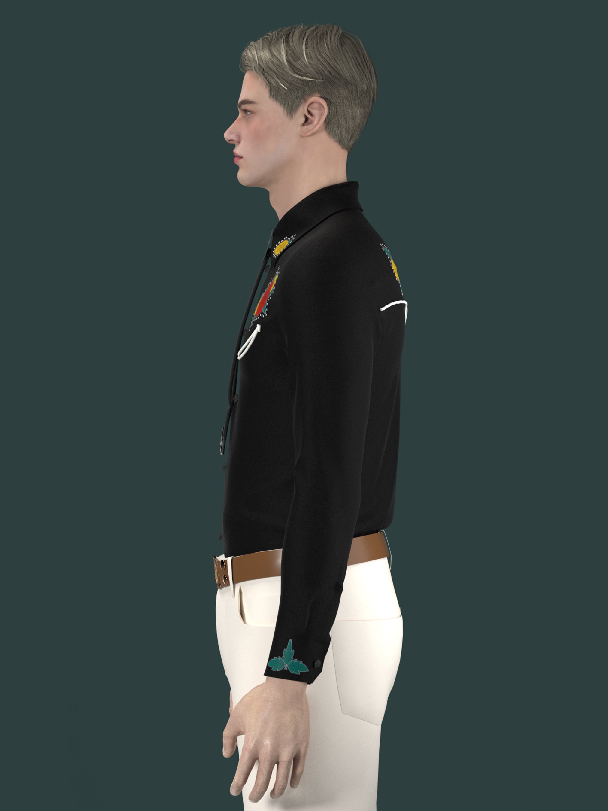 Side angled view of male model wearing black western shirt with embroidered red flowers โ Addicted Bespoken