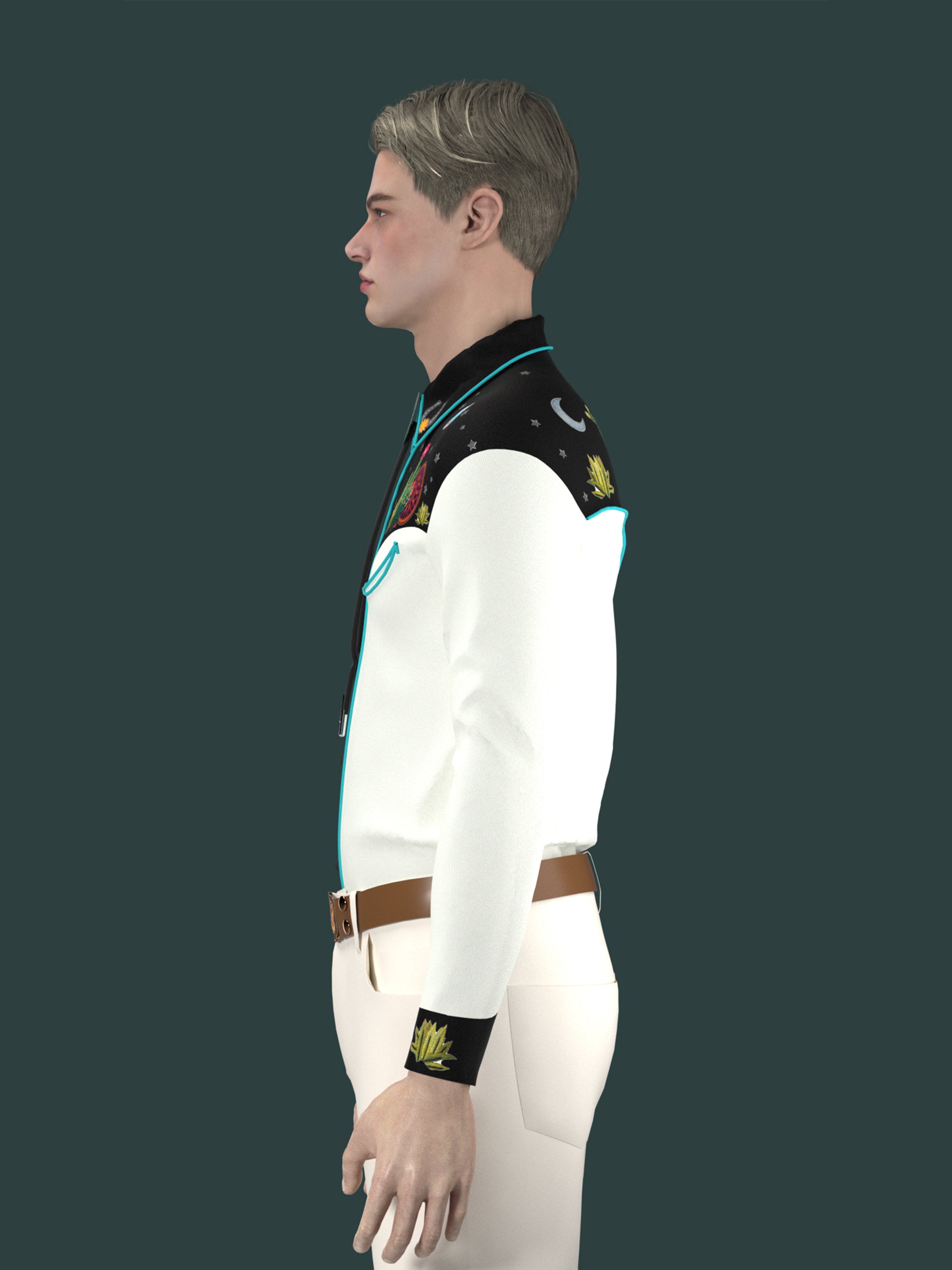 Side angled view of male model wearing white western shirt with floral embroidery – Addicted Bespoken
