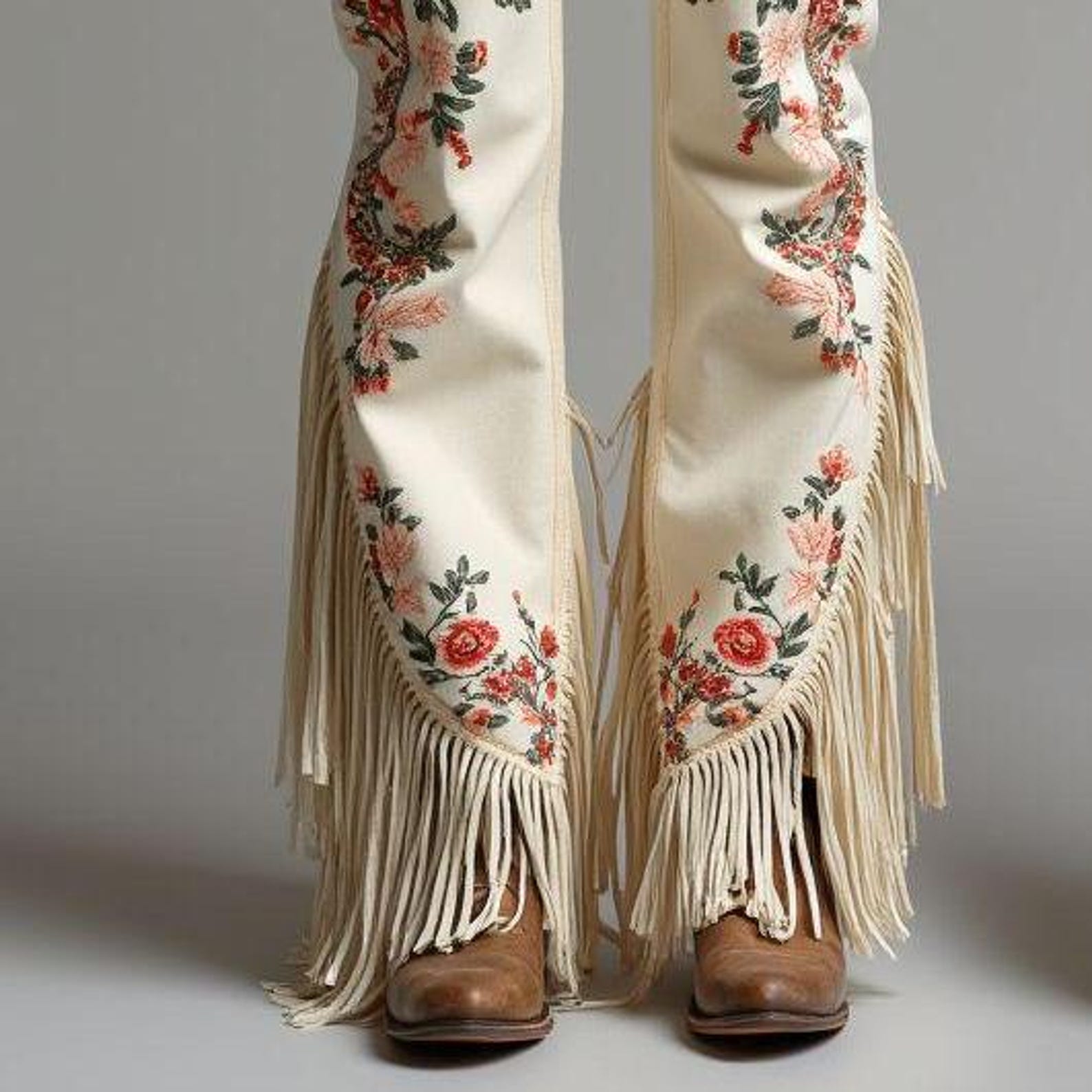 Floral Embroidered Fringed Western Dress Pants