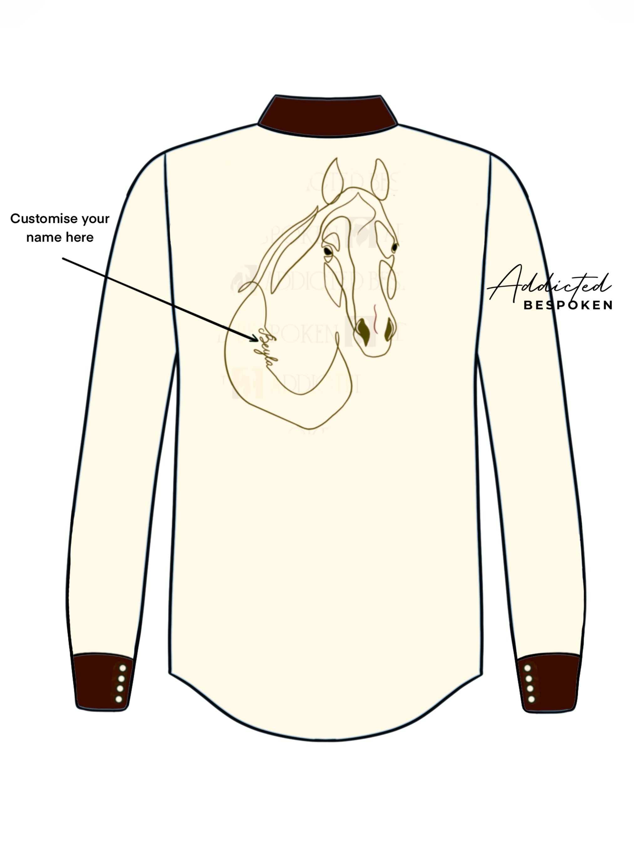 Back view illustration of cream western shirt with embroidered horse head motif – Addicted Bespoken