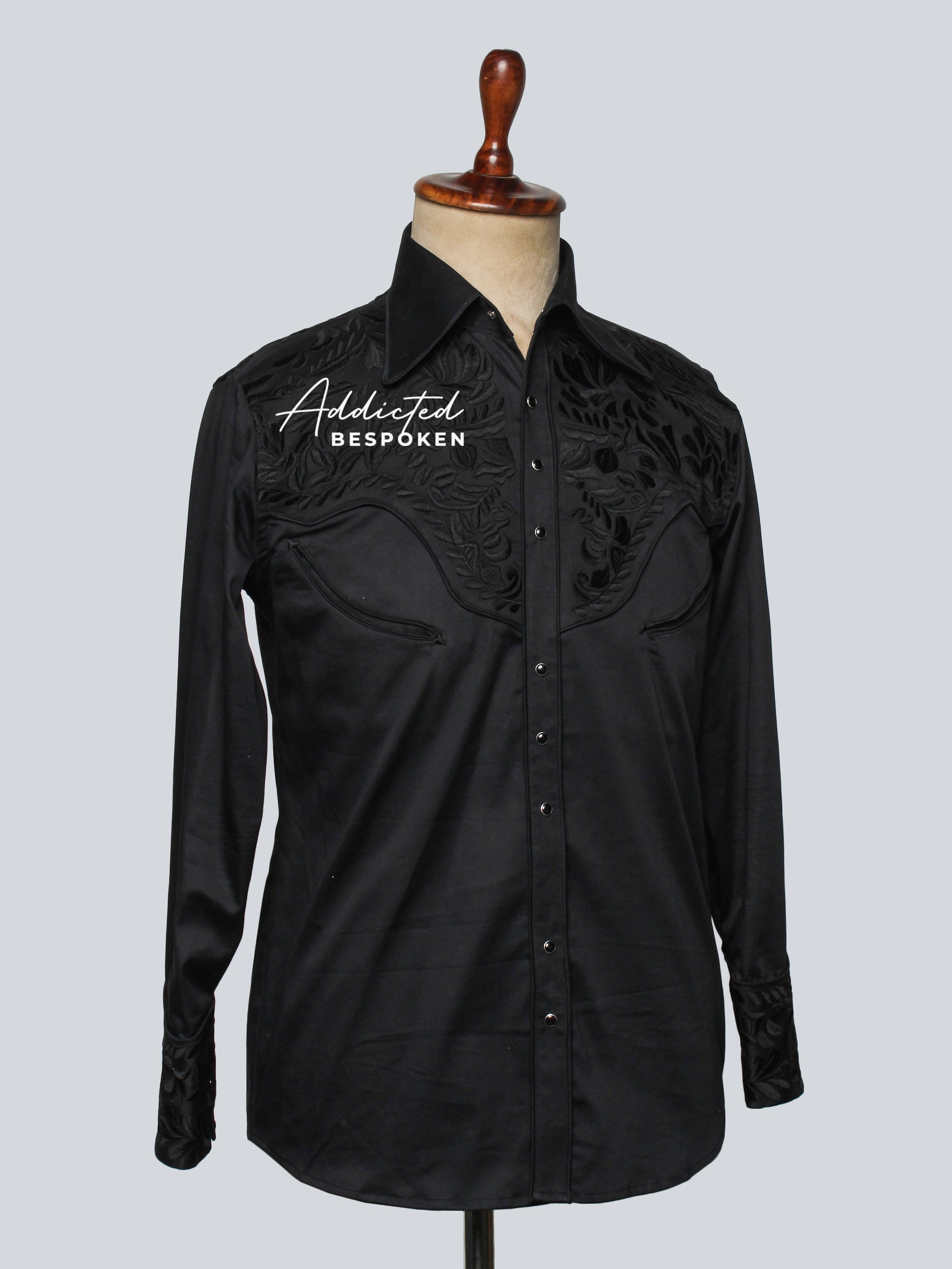 Side mannequin view of black embroidered western shirt β Addicted Bespoken