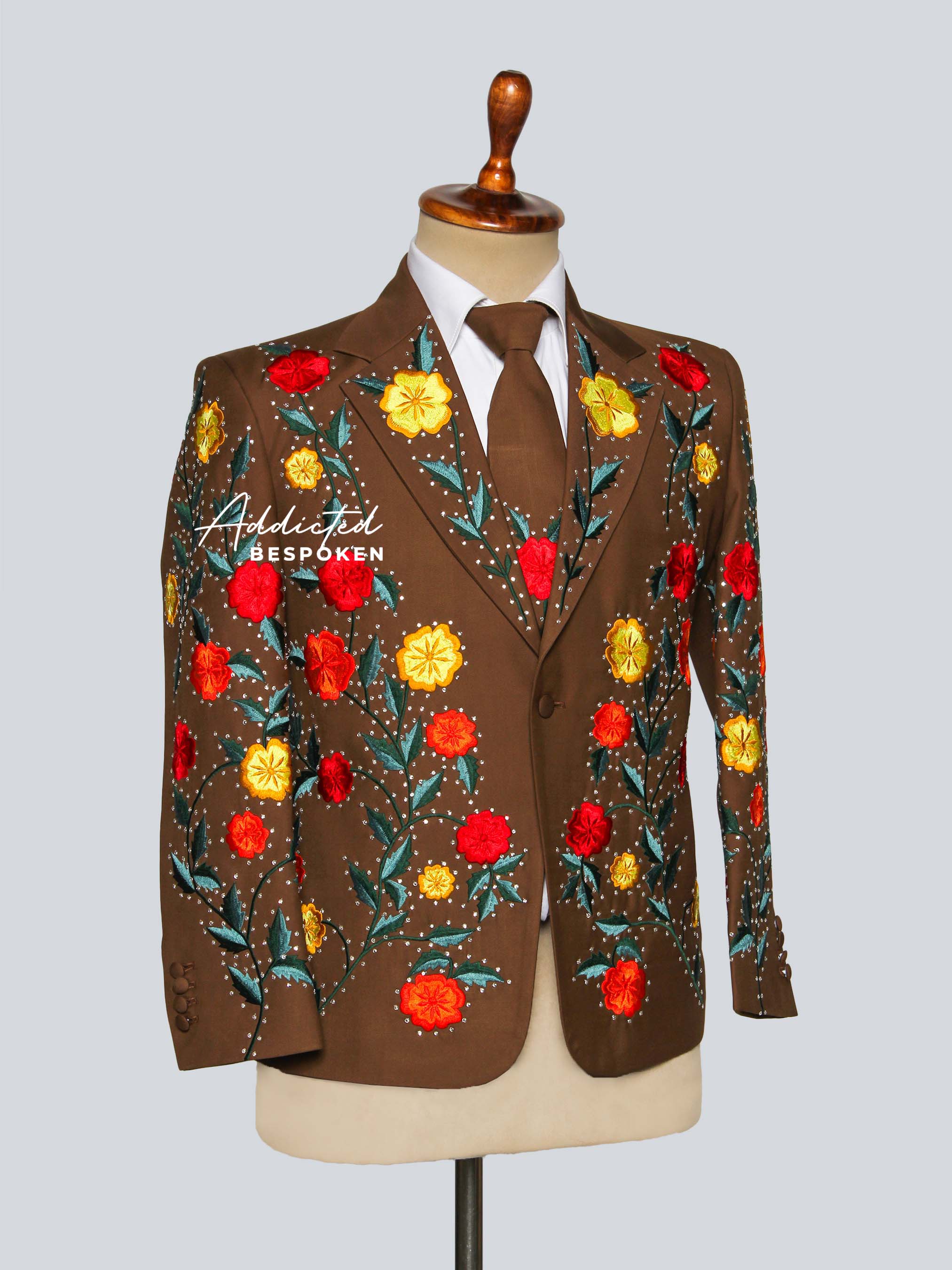 Floral Embroidered Brown Suit