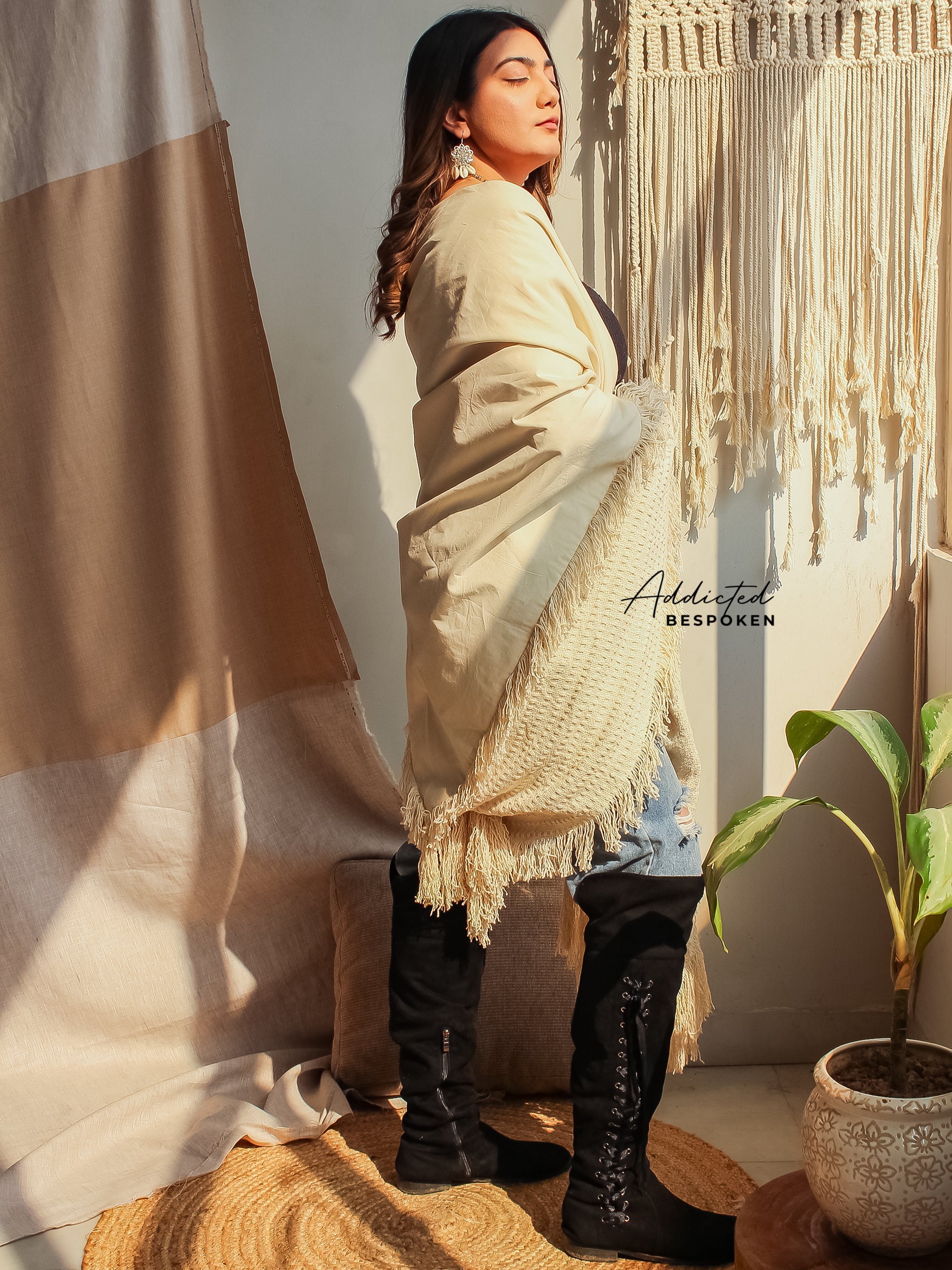 Woman modeling Tribal Boho Fringes Shawl – oversized lightweight boho clothing look