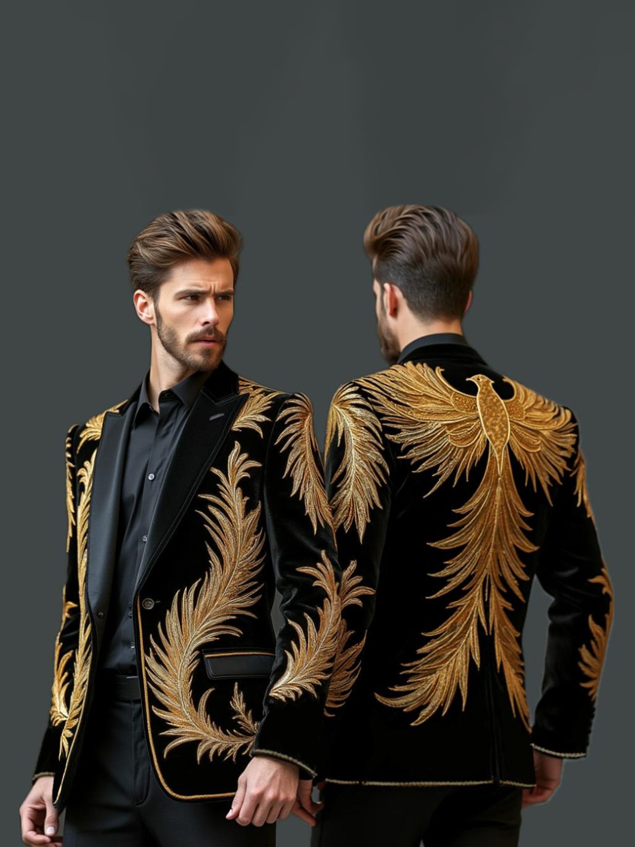 Two men modeling a black and gold ornate jacket with floral embroidery, facing away from the camera to showcase the back design.