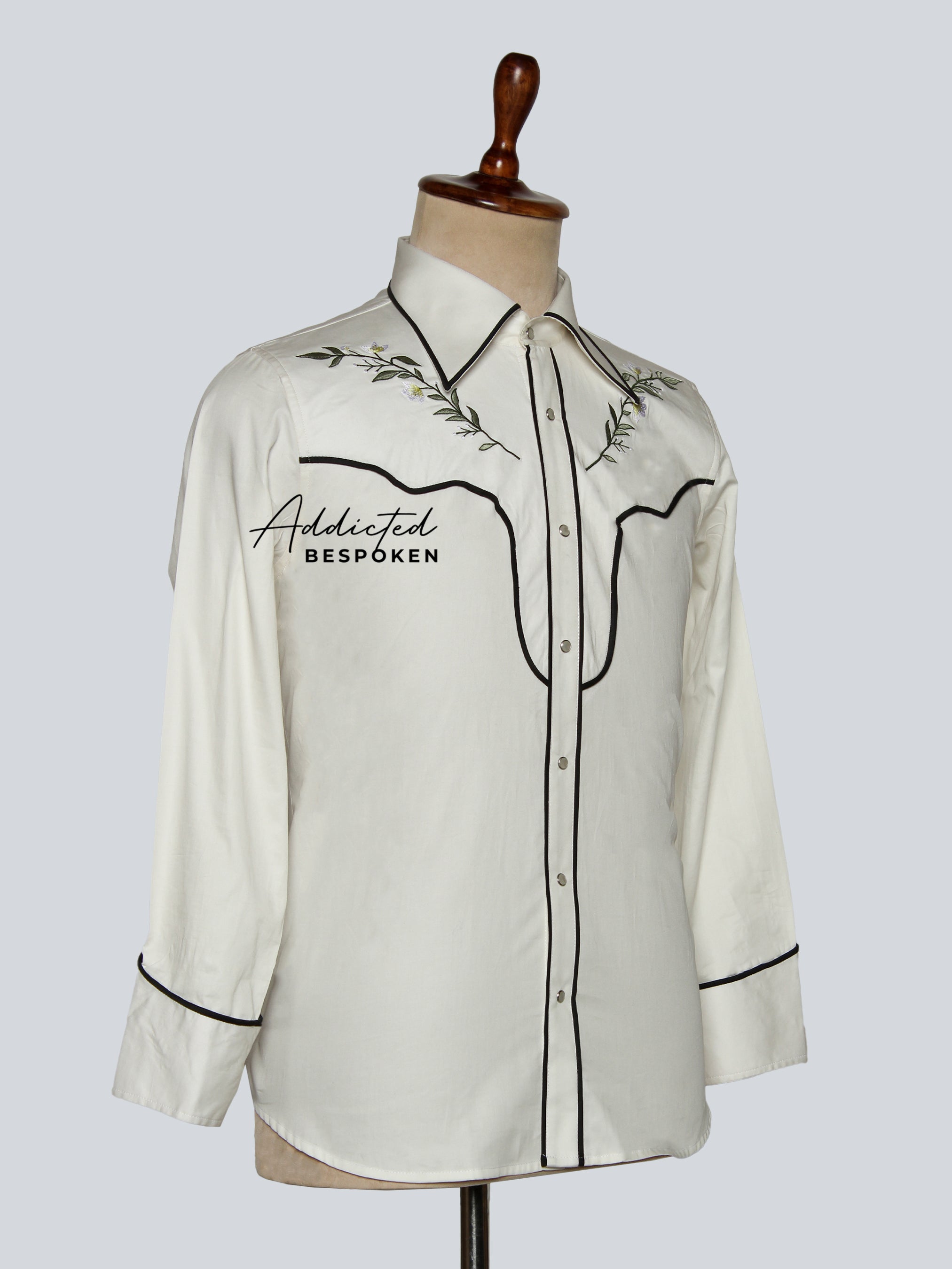 Back view of white western shirt with floral embroidery and yoke detailing – Addicted Bespoken