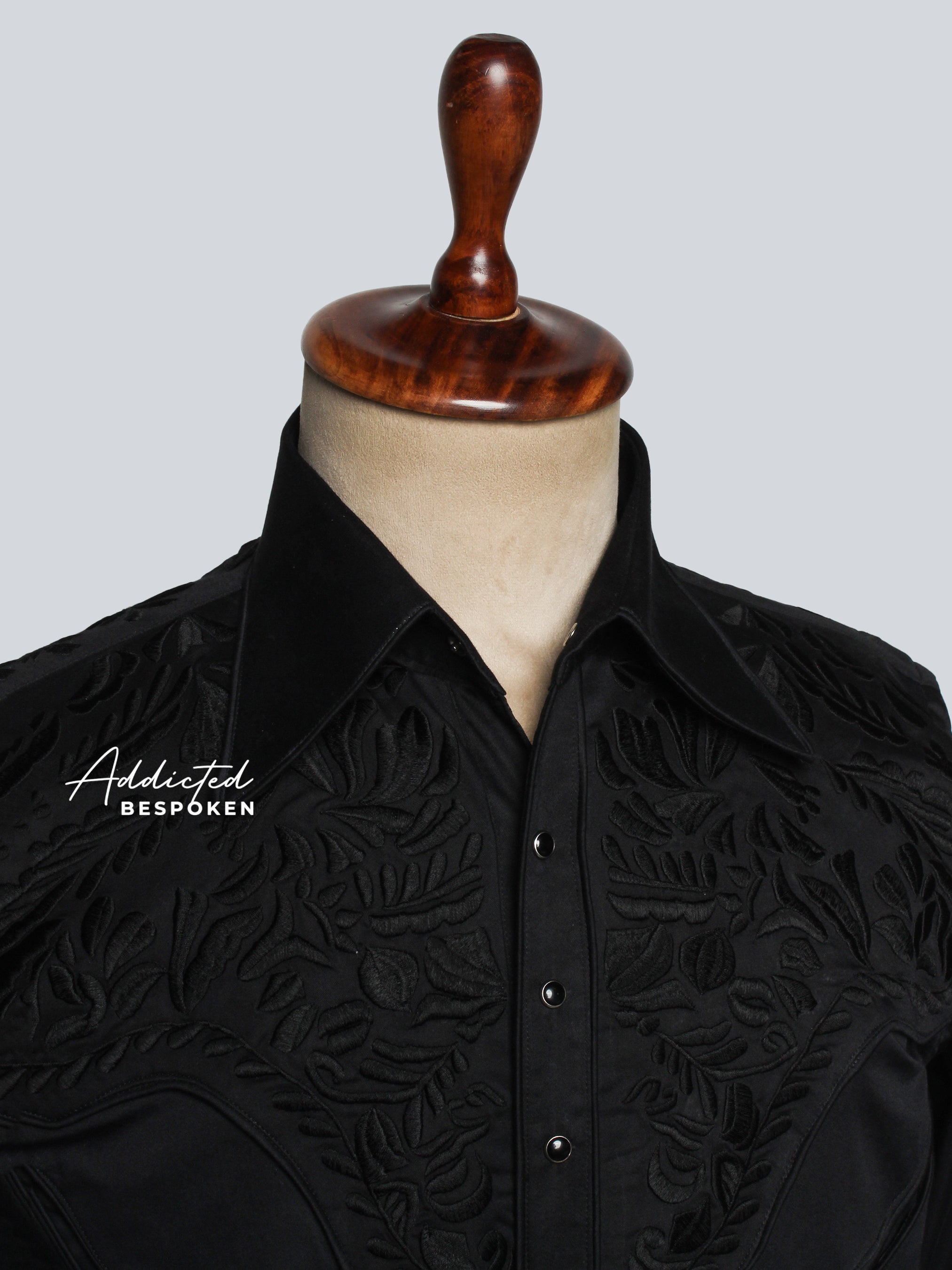 Close-up collar detail of black embroidered western shirt β Addicted Bespoken
