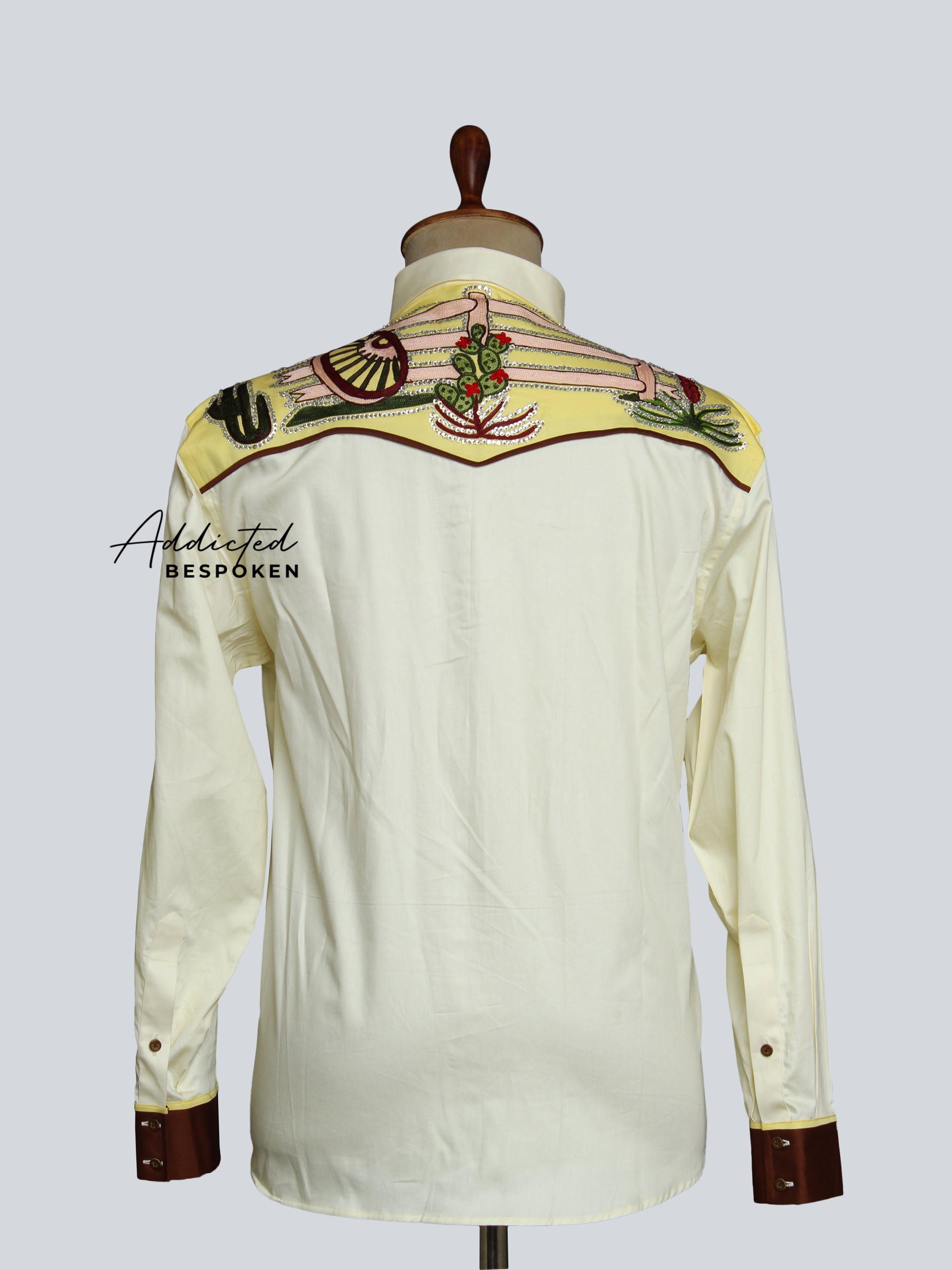 Back view of cream embroidered western shirt with yellow yoke design – Addicted Bespoken