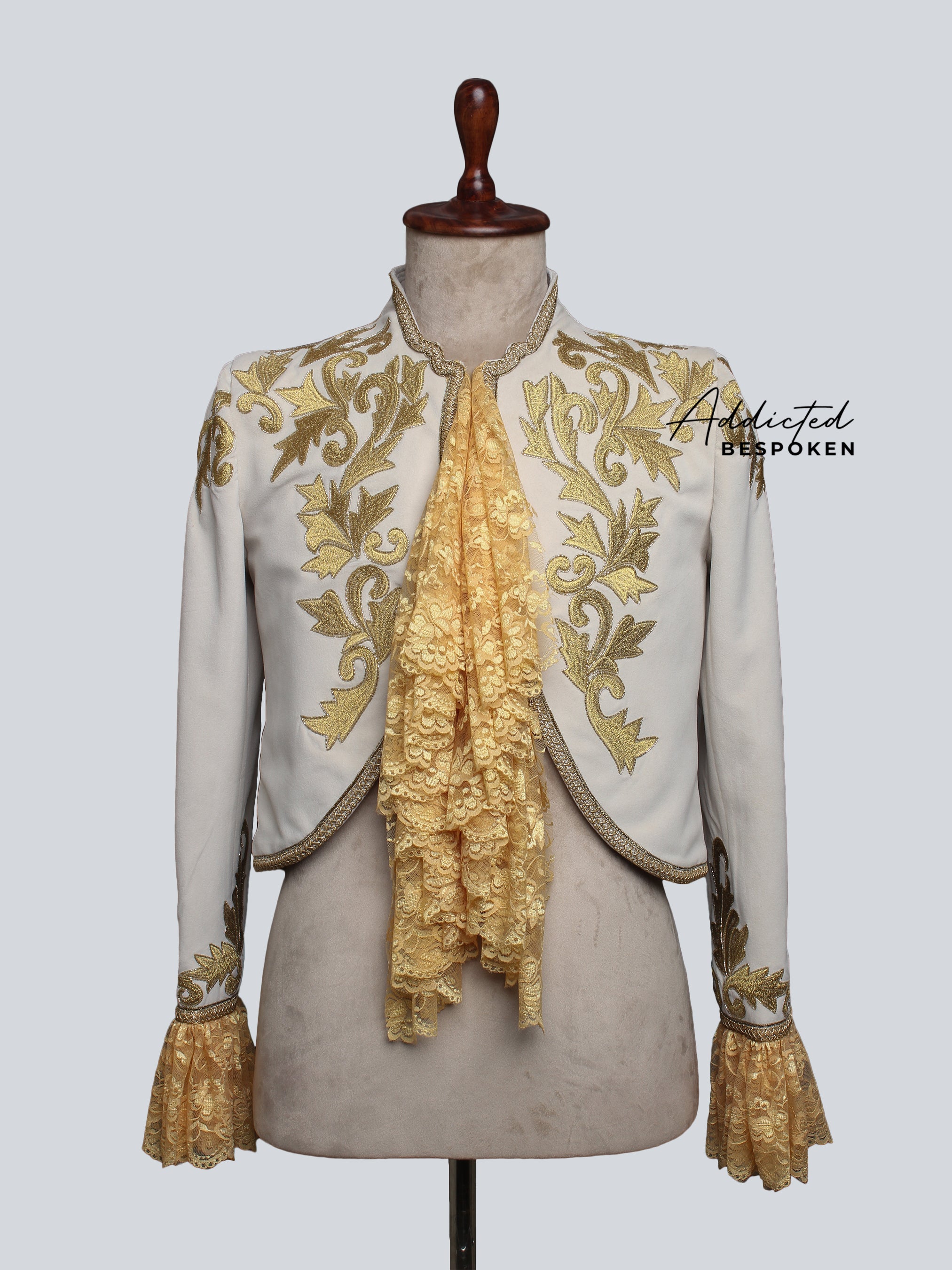 Lavish Bolero Jacket with Gold Design and Ruffles