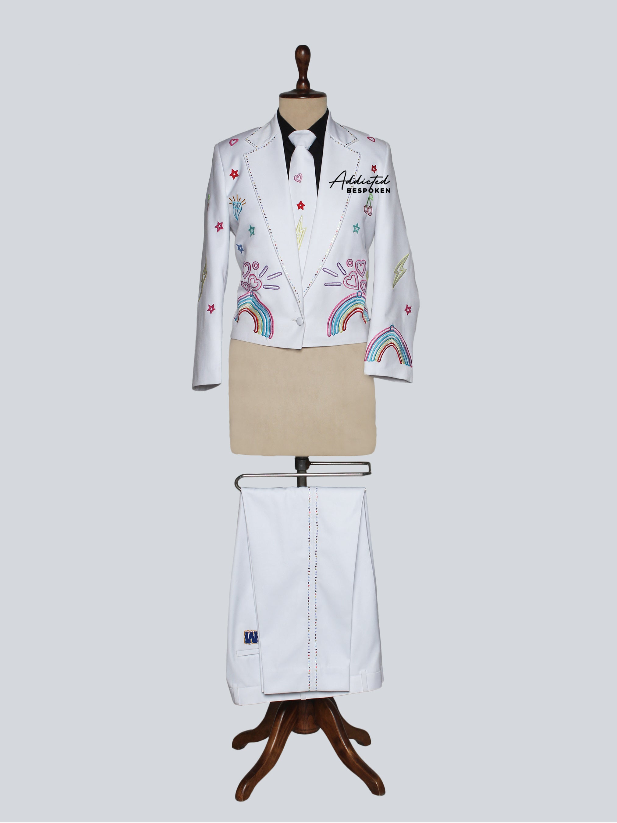 White Multicolor Doodle Embroidered Suit