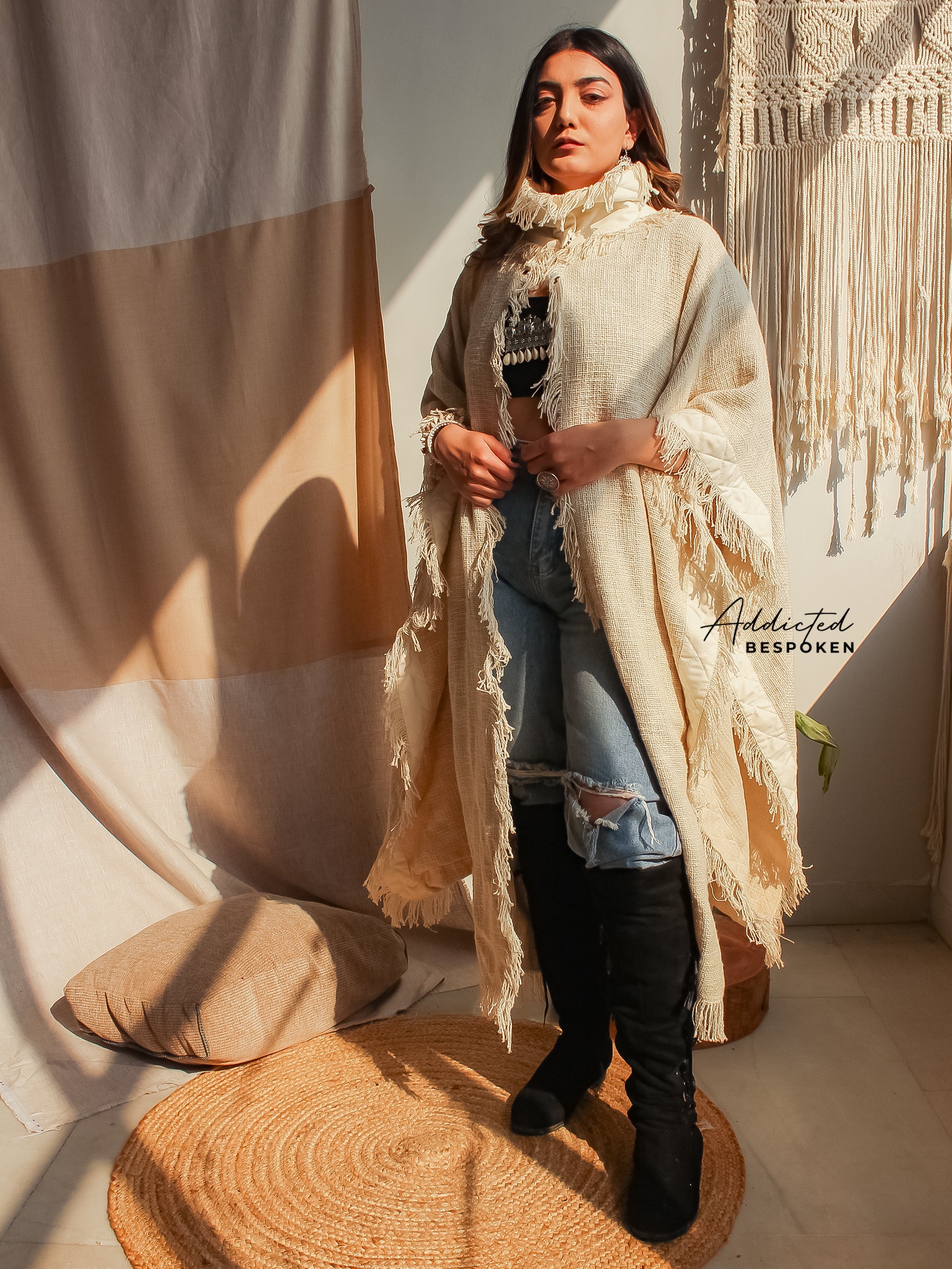 Woman layering Boho Bliss Kimono Coat over casual outfit – boho clothing look