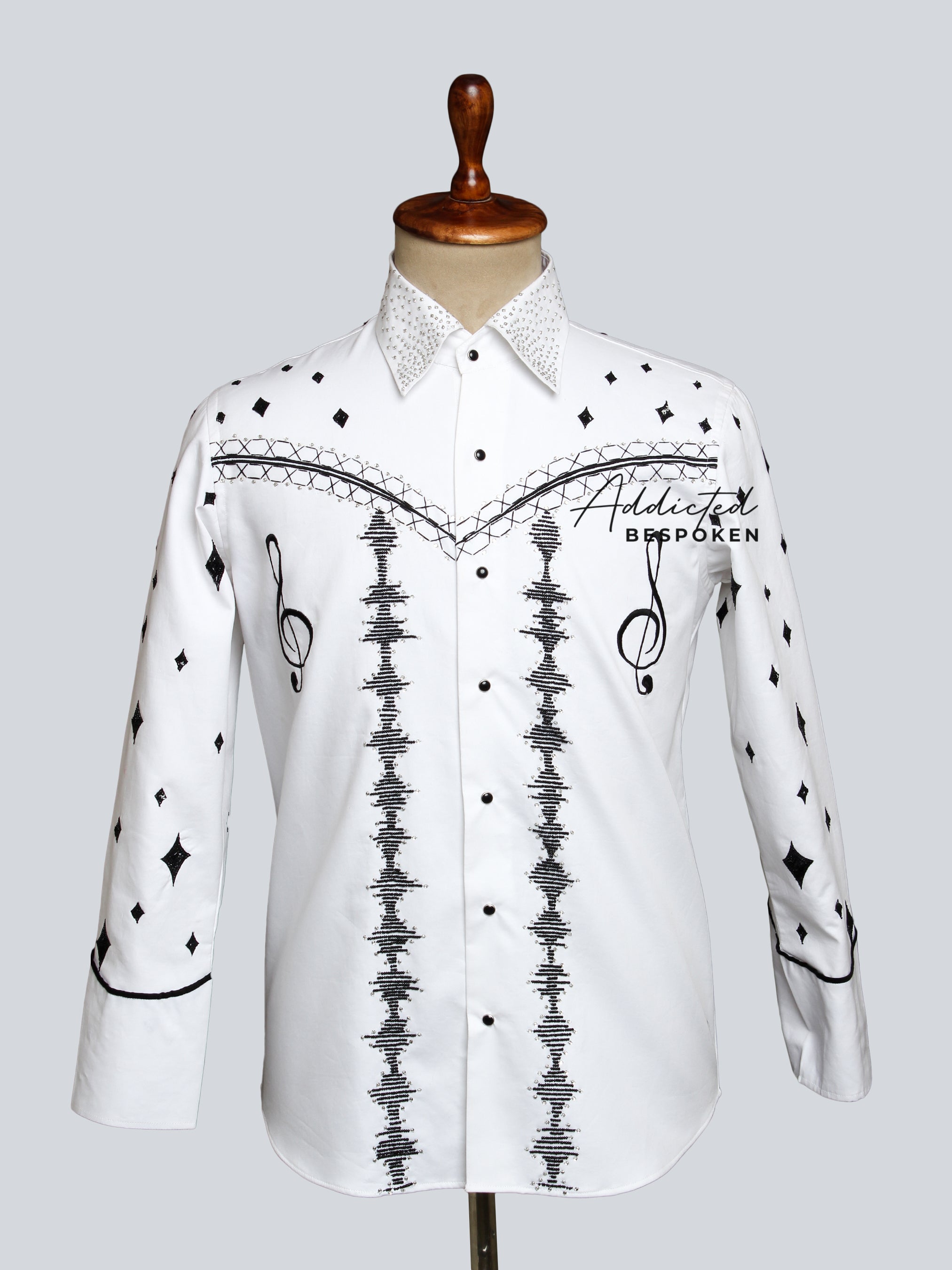 Front view of white western shirt with black embroidery and piping โ Addicted Bespoken