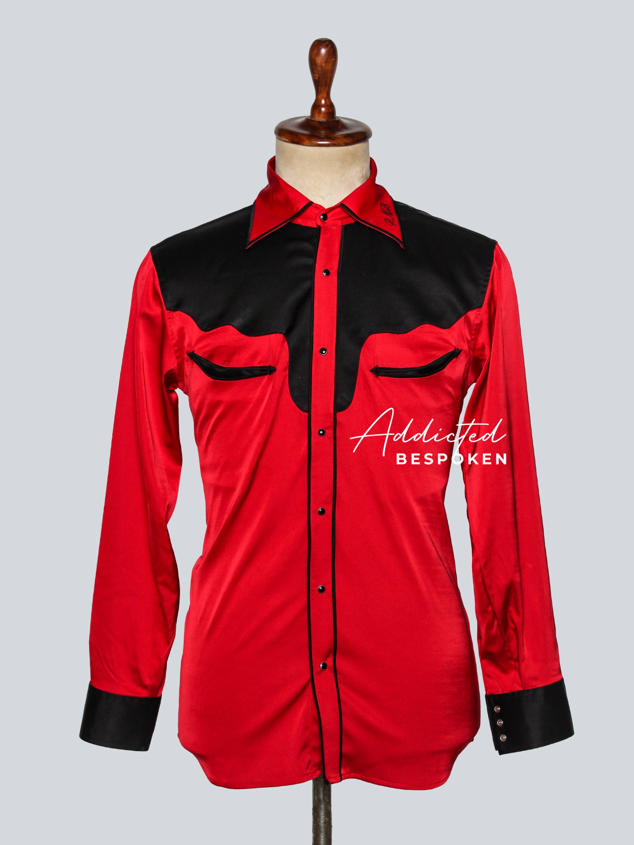 Front view of red western shirt with black yoke, collar, and cuffs – Addicted Bespoken