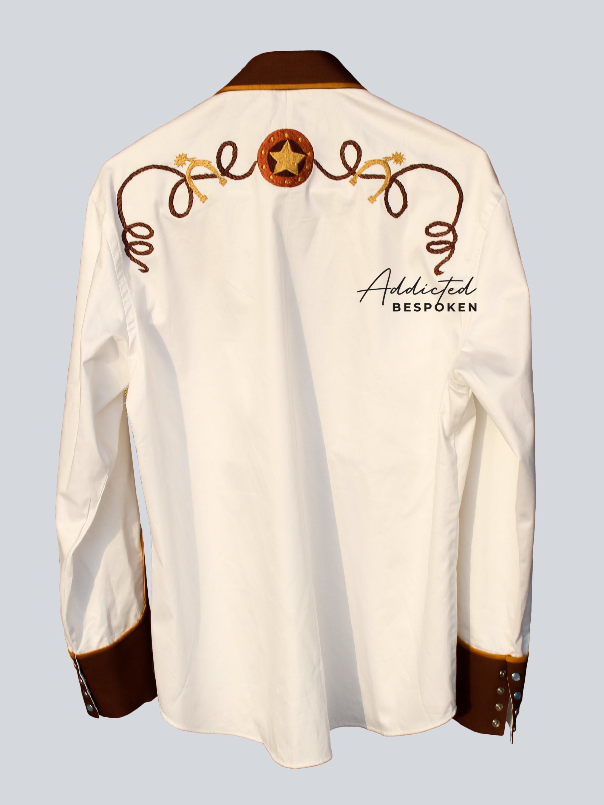 Back view of cream embroidered western shirt with horse and rope motif – Addicted Bespoken