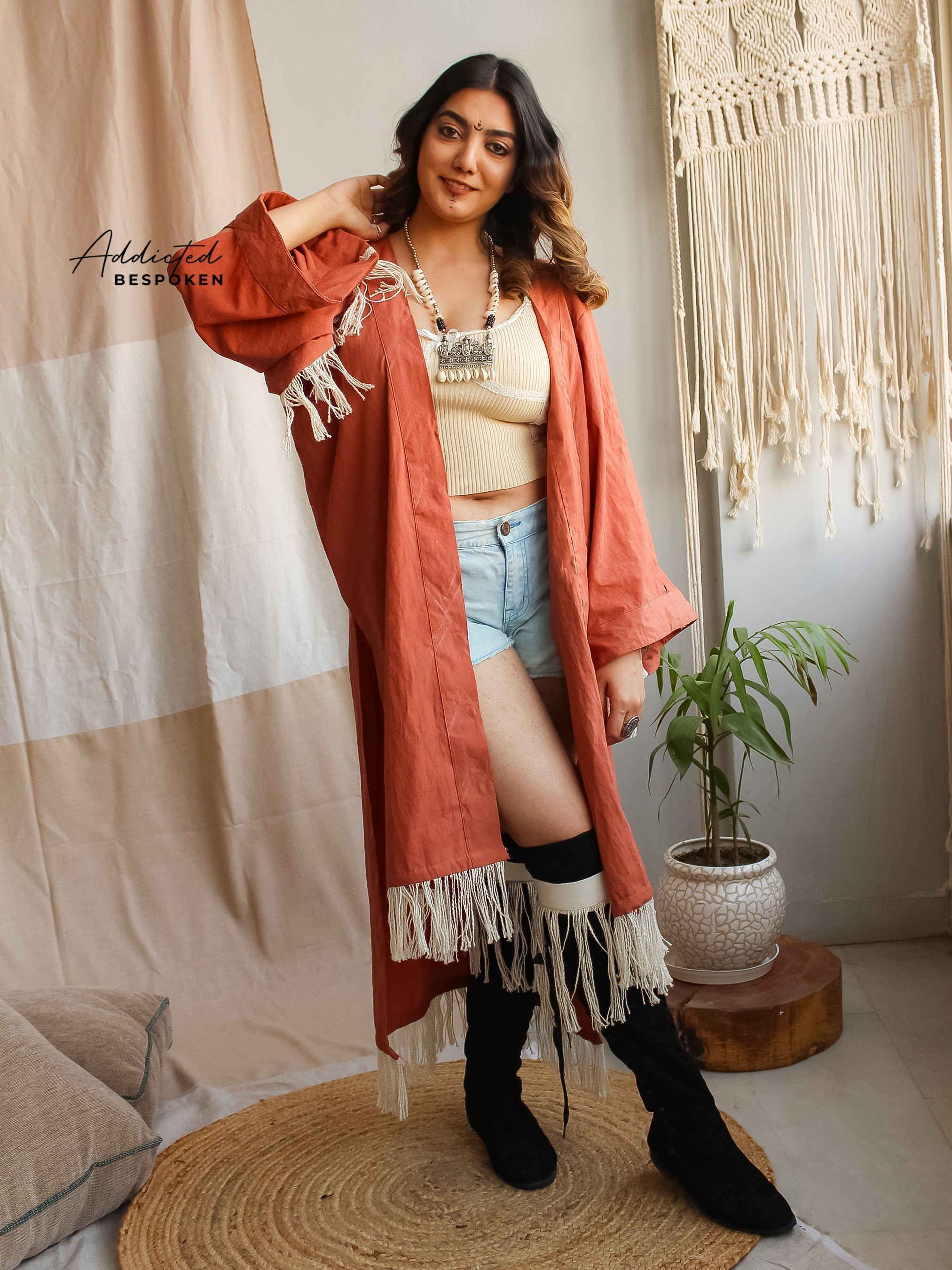 Woman wearing Artisan Fringe Kimono Jacket with fringe details – bohemian style clothing