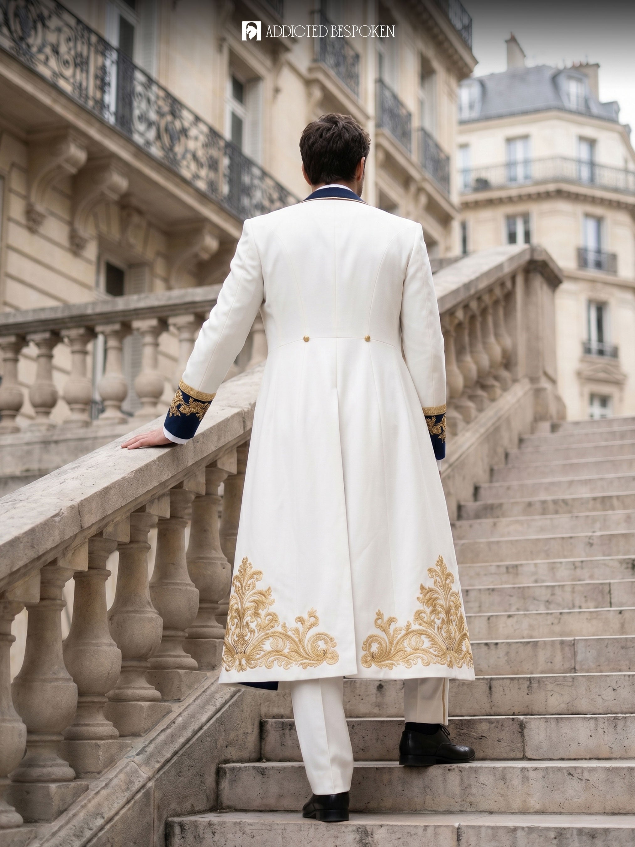 Regal White Embroidered Long coat Suit Addicted Bespoken