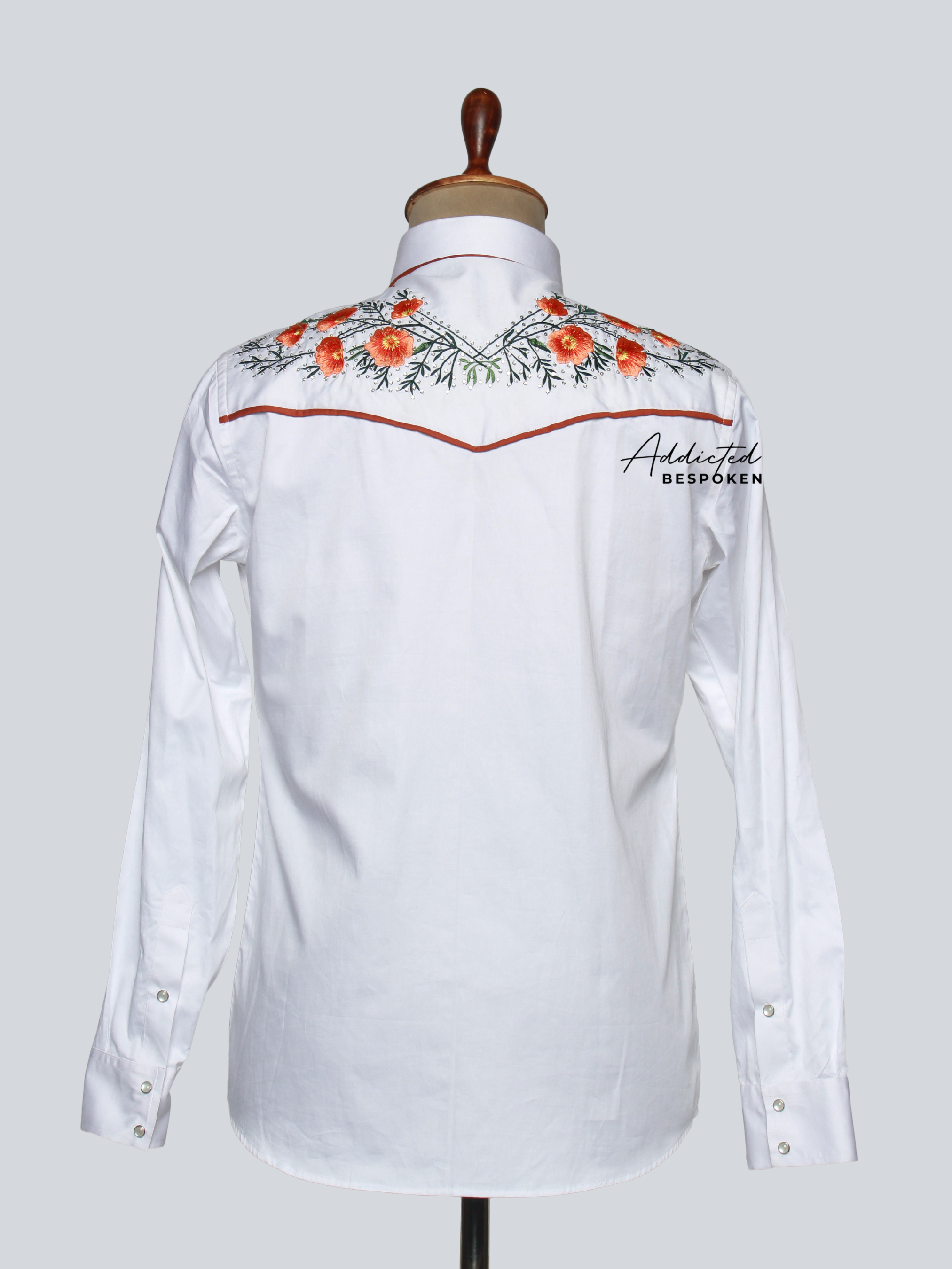 Back view of white western shirt with embroidered detailing on shoulders – Addicted Bespoken